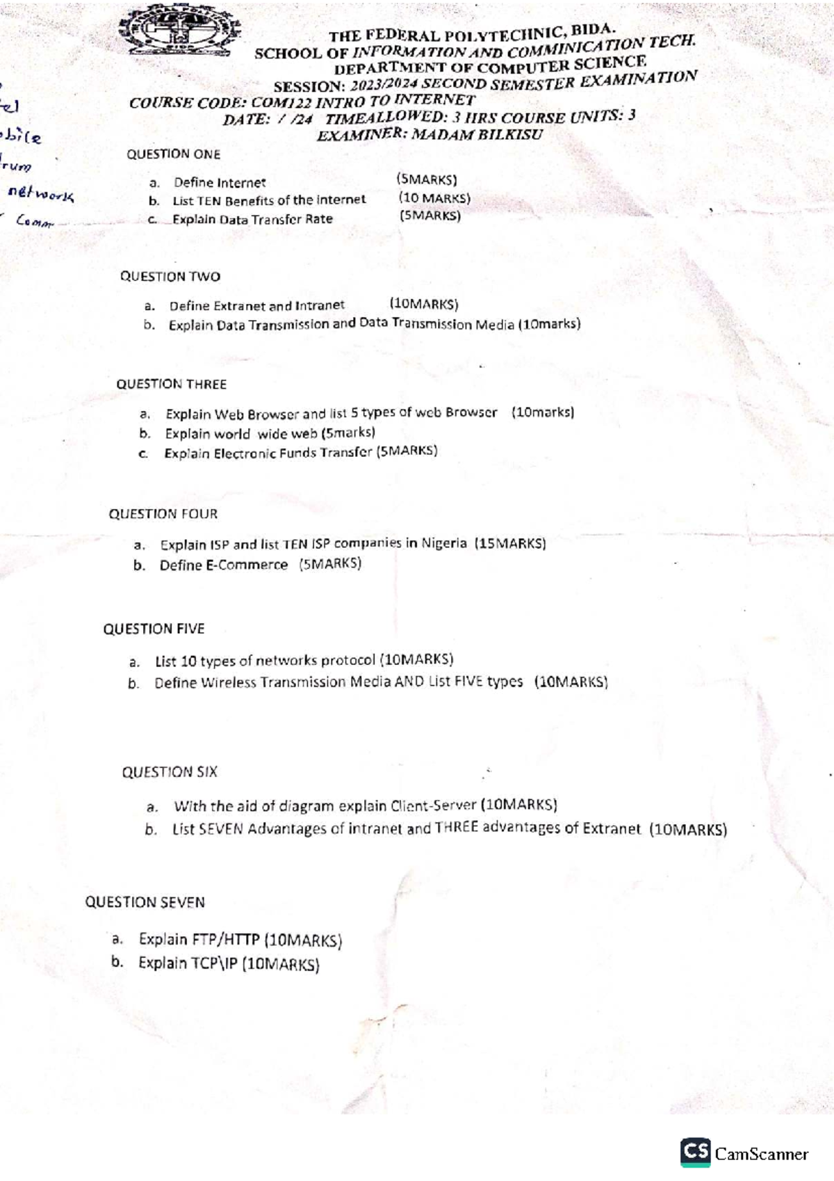 COM122 Second Semester Examination: Intro to Internet Questions - Studocu