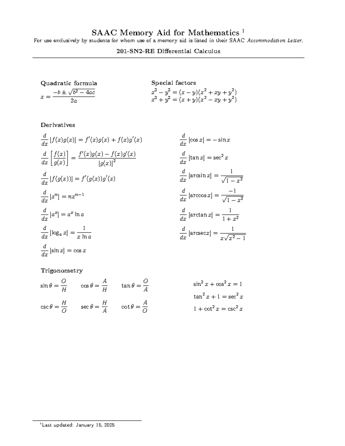 SAAC Memory Aid for MATH 201-SN2-RE Differential Calculus - Studocu