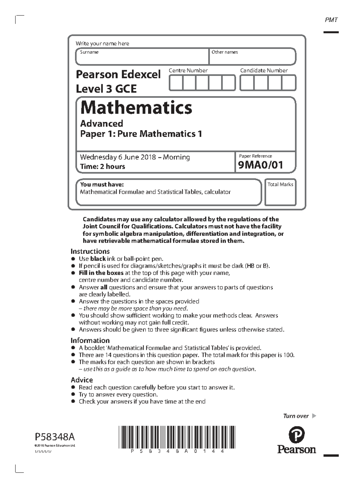 A Level Mathematics Paper 1 (Pure) - June 2018 Exam - Studocu