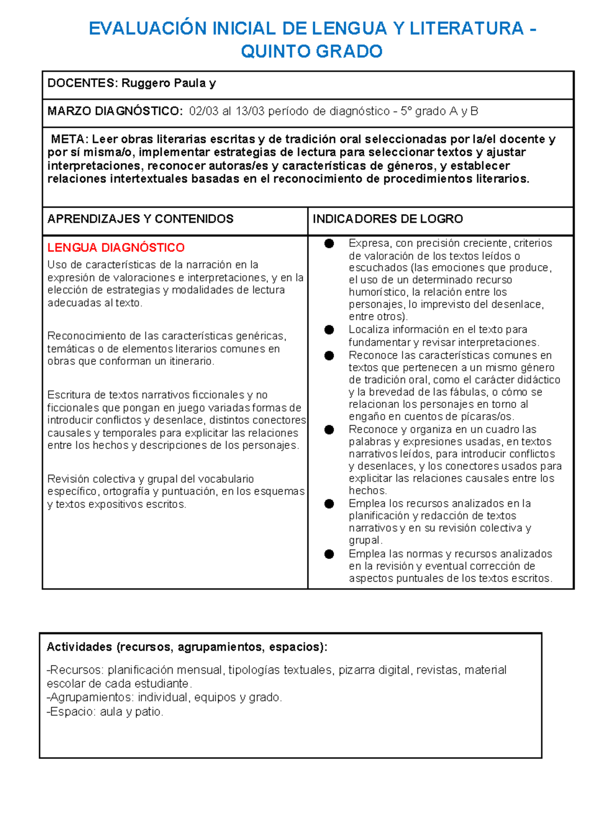EVALUACIÓN INICIAL DE LENGUA Y LITERATURA QUINTO GRADO - MARZO 2025 ...