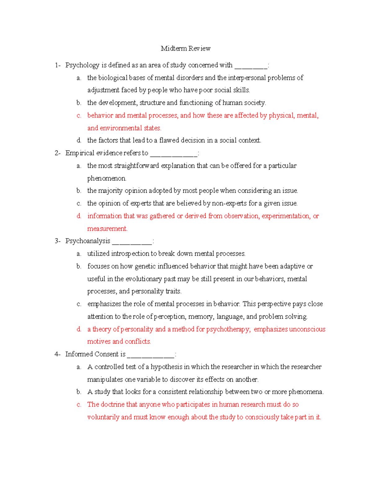 Midterm Review for Psychology (PSY 101): Key Concepts and Theories ...
