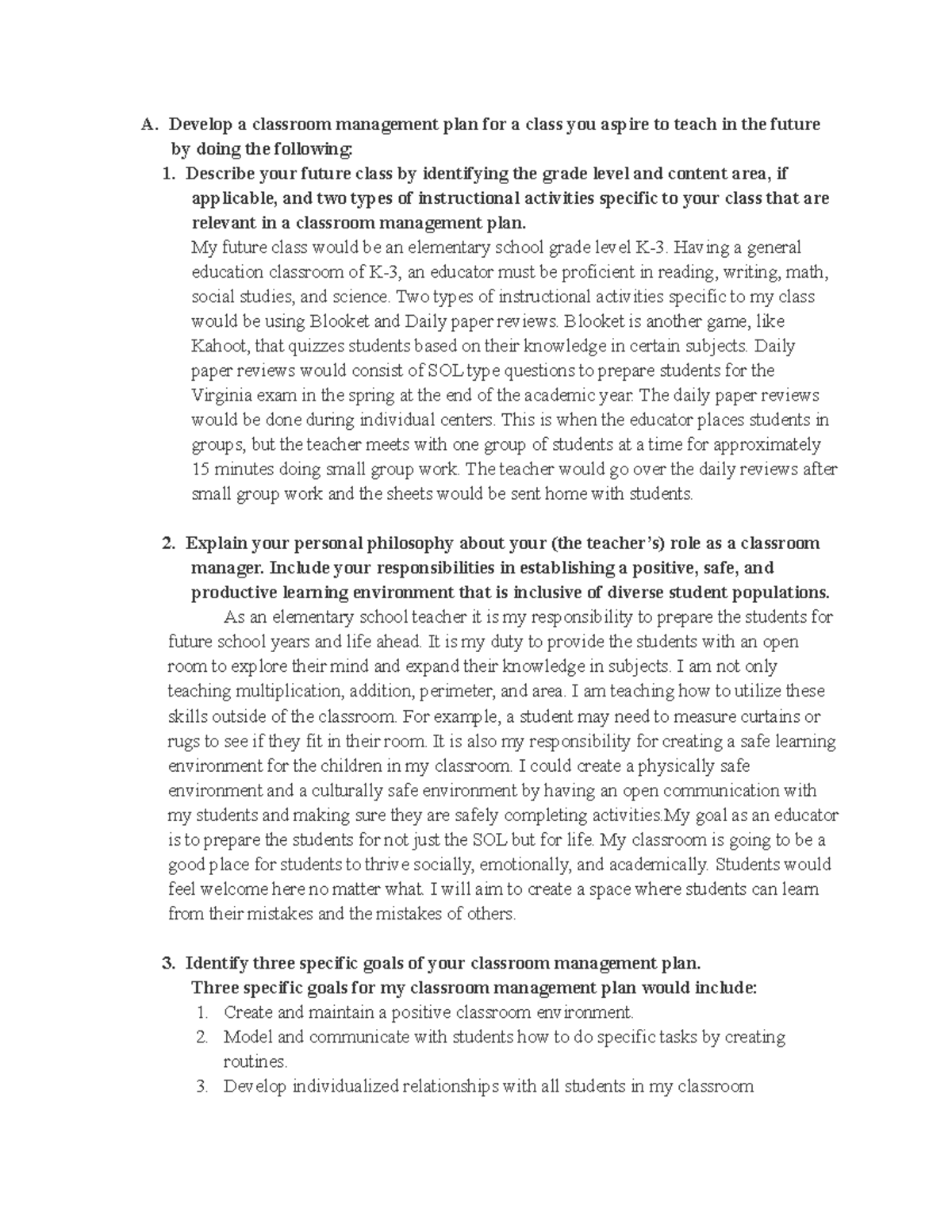 Creating a Classroom Management Plan for K-3 Education (EDU 101) - Studocu