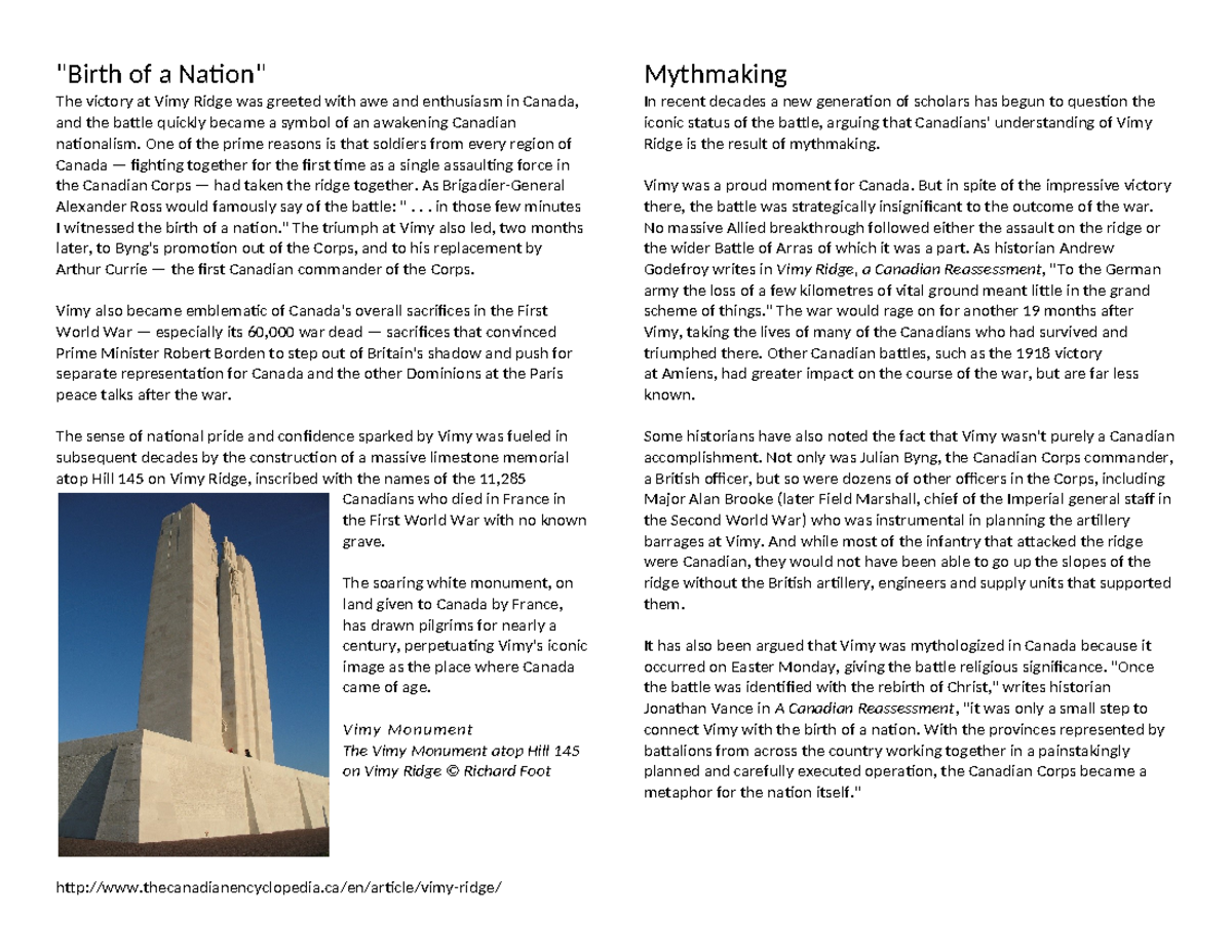 Lesson 3 JBC 2 Perspectives on the Battle of Vimy Ridge - 