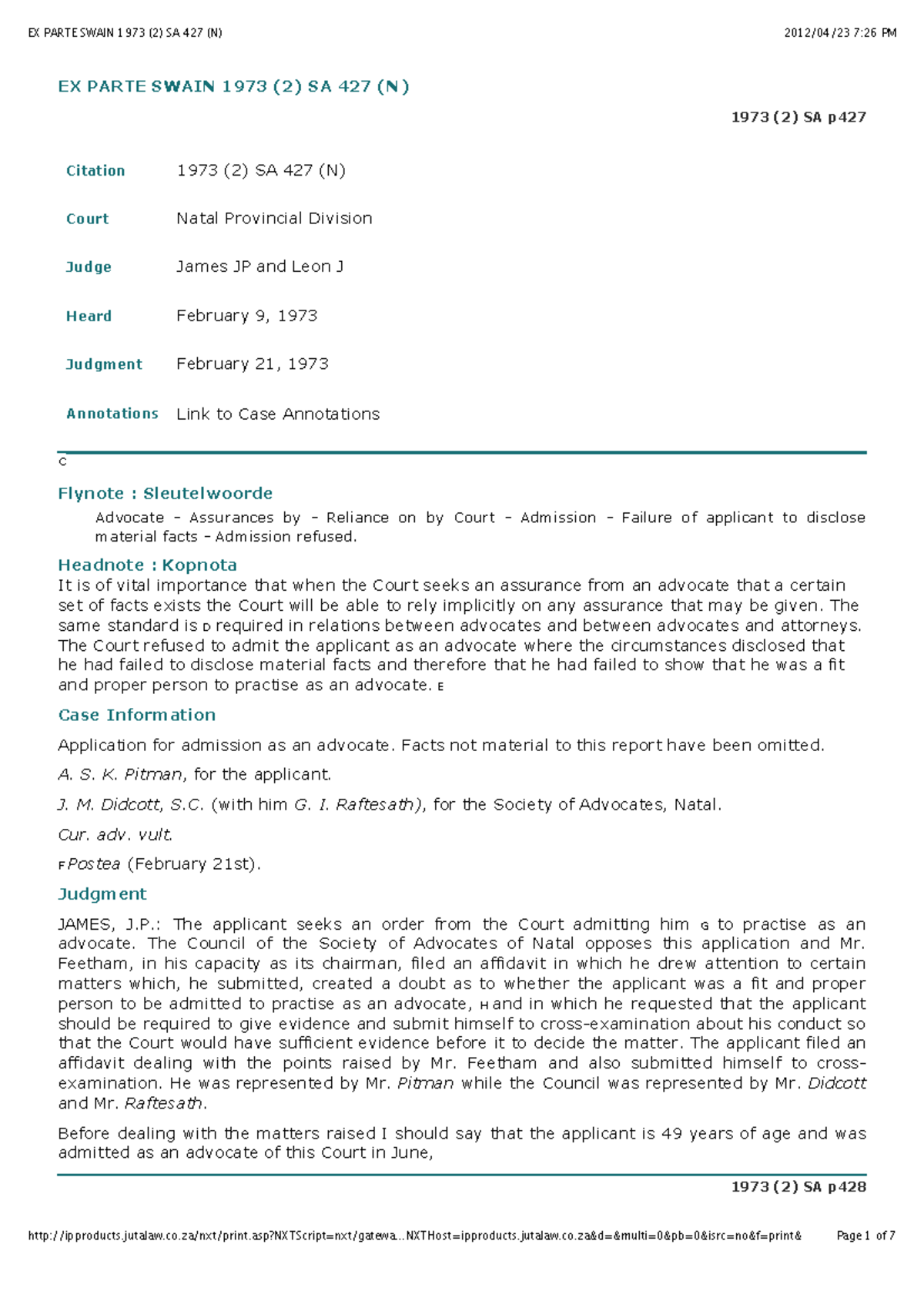 Ex Parte Swain 1973 (2) SA 427 (N): Admission Application Judgment ...