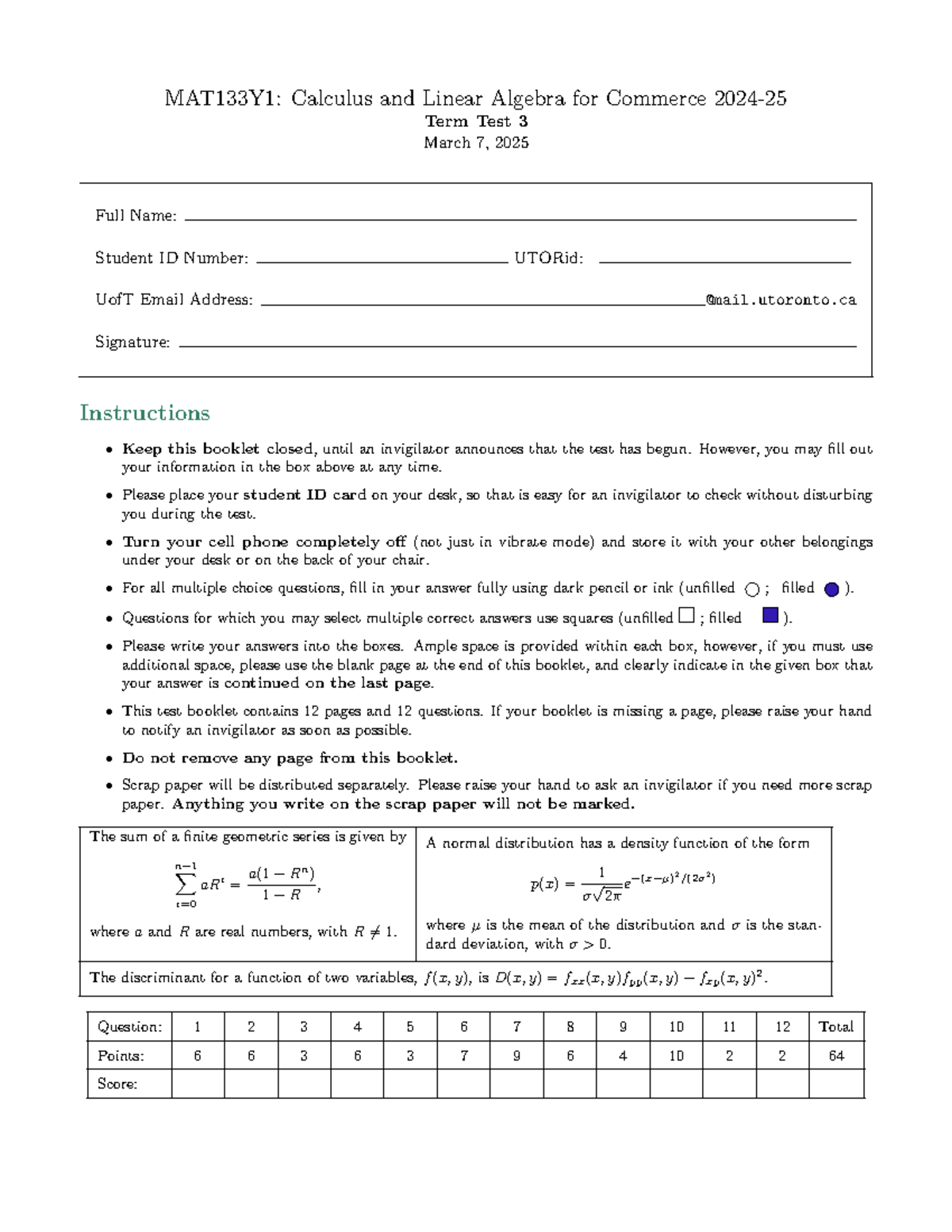 2024 3 term test mat133 sols - MAT133Y1: Calculus and Linear Algebra ...