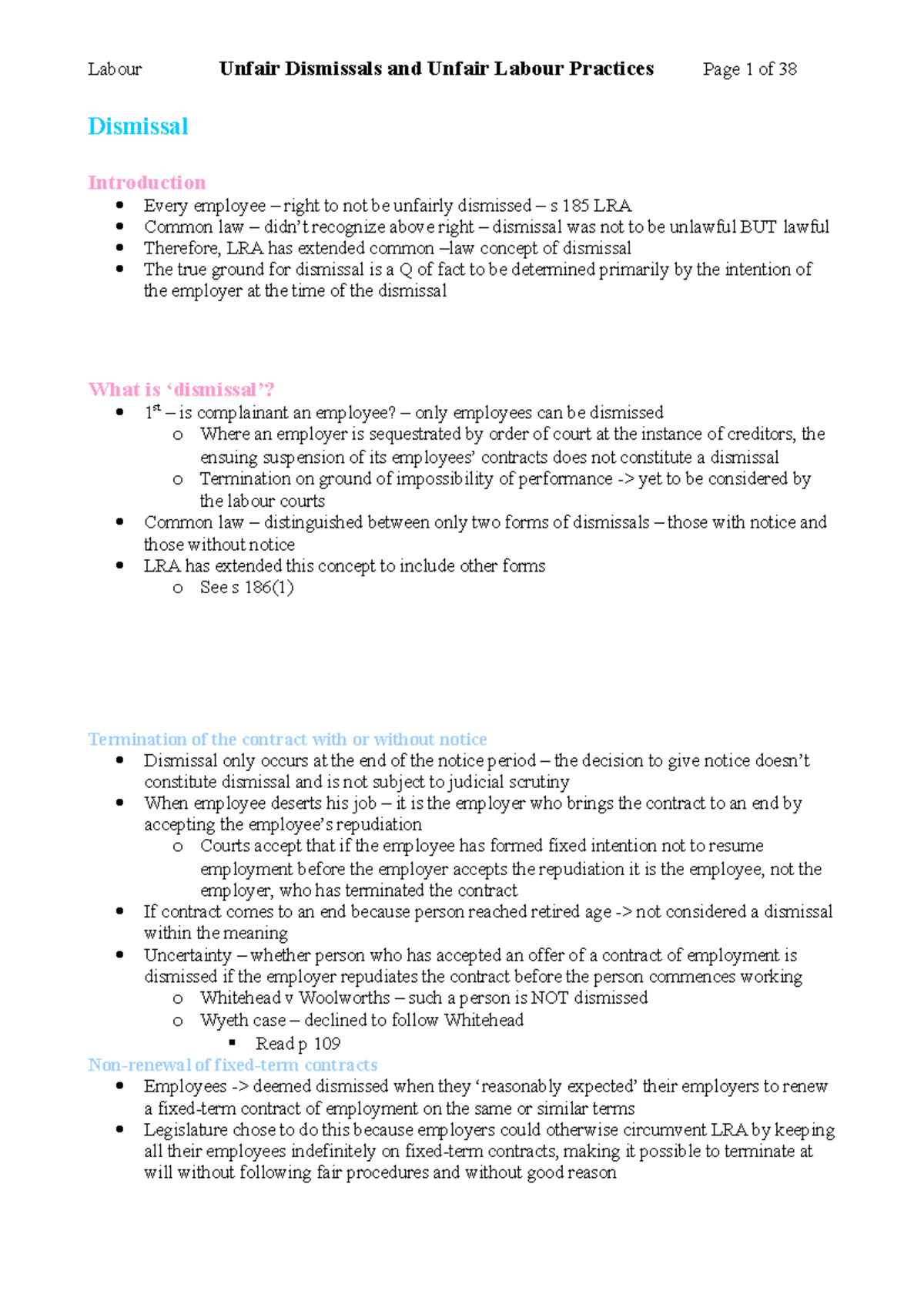 Unfair Dismissals: A Comprehensive Overview in Labour Law (LLB) - Studocu