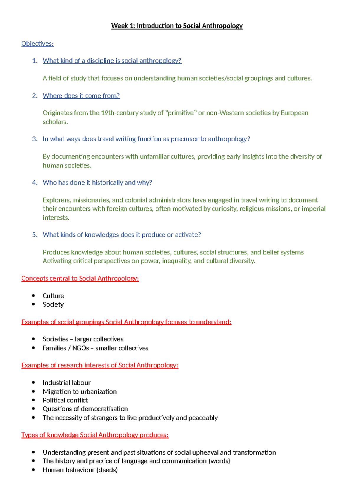 ANS1400 Week 1 Lecture Notes: Intro to Social Anthropology Concepts ...
