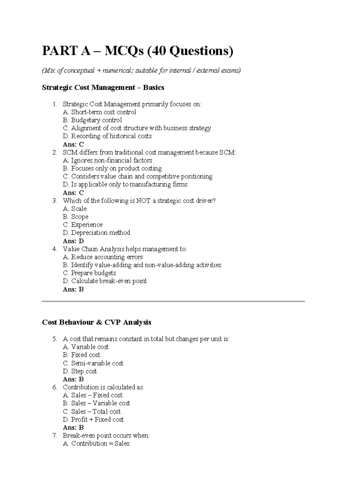 SCM Exam sample questions - PART A – MCQs (40 Questions) (Mix of ...