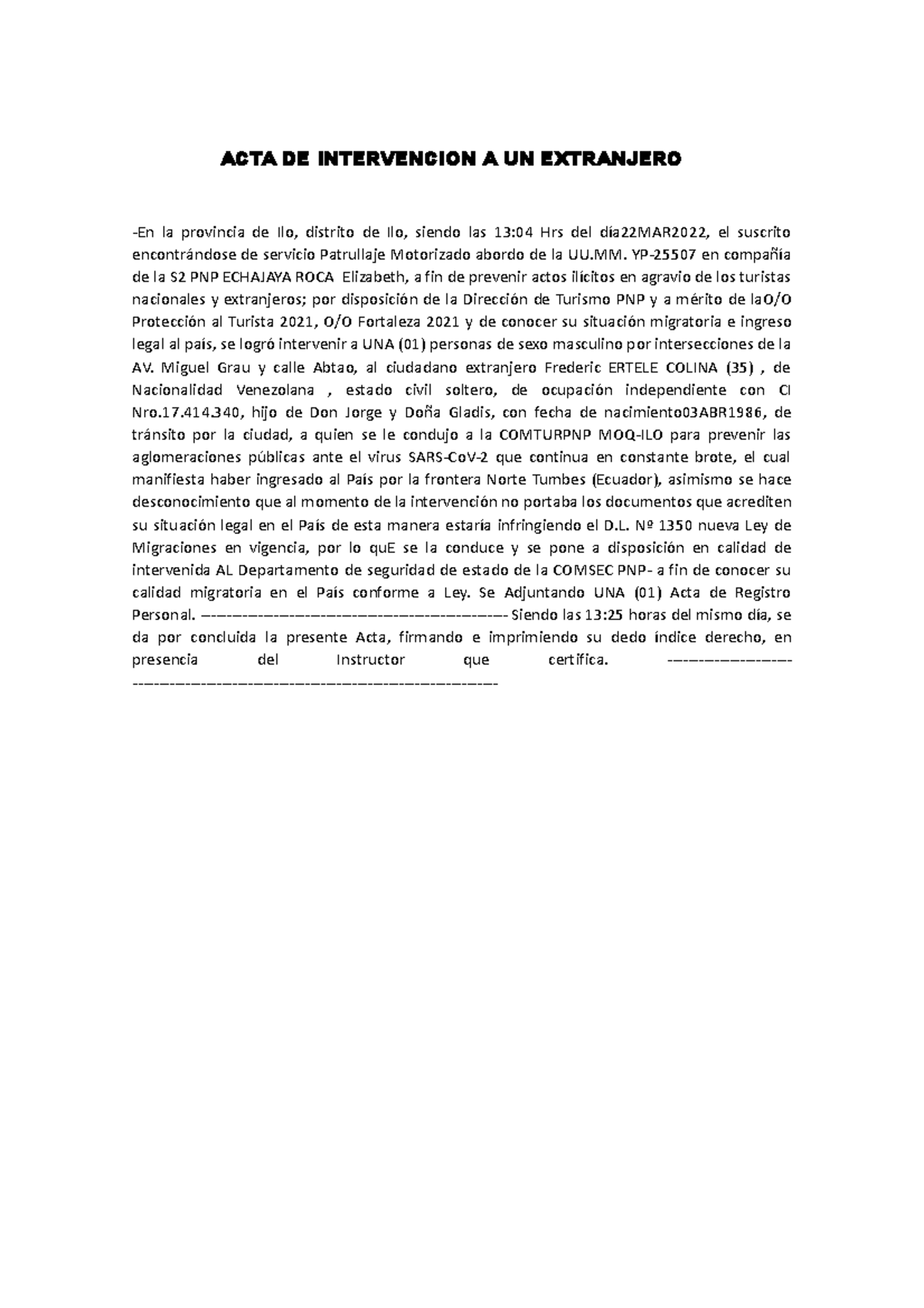 Intervención a Ciudadano Extranjero - Informe Operativo ACTA 2022 - Studocu