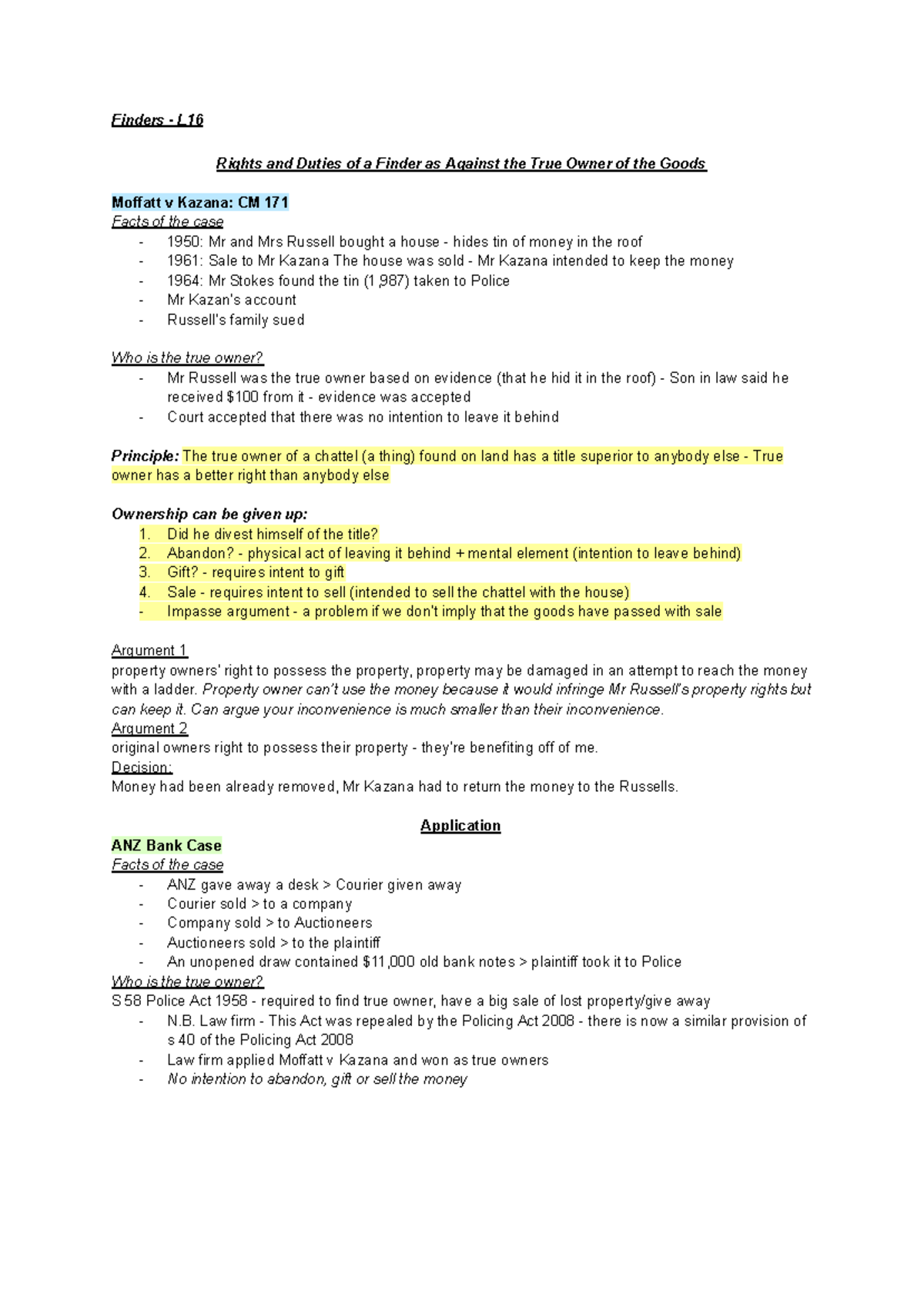 Statutory Interpretation Exam Notes: Rights and Duties of Finders - Studocu