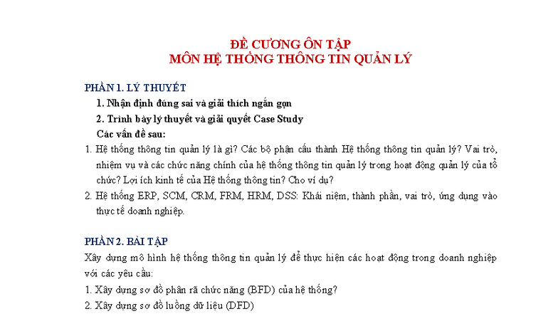 ĐỀ CƯƠNG ÔN TẬP HỆ THỐNG THÔNG TIN QUẢN LÝ 2025 VÀ BÀI TẬP - Document Preview