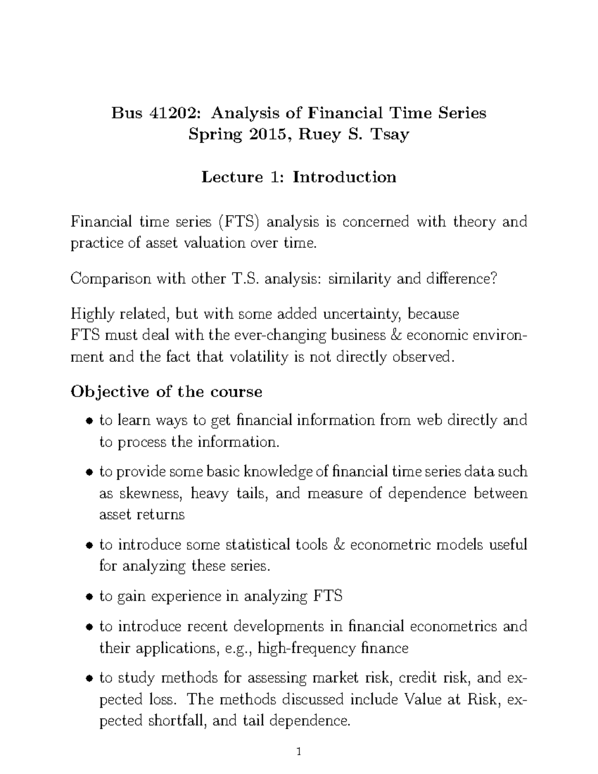 Bus 41202: Lecture 1 Notes - Introduction to Financial Time Series ...