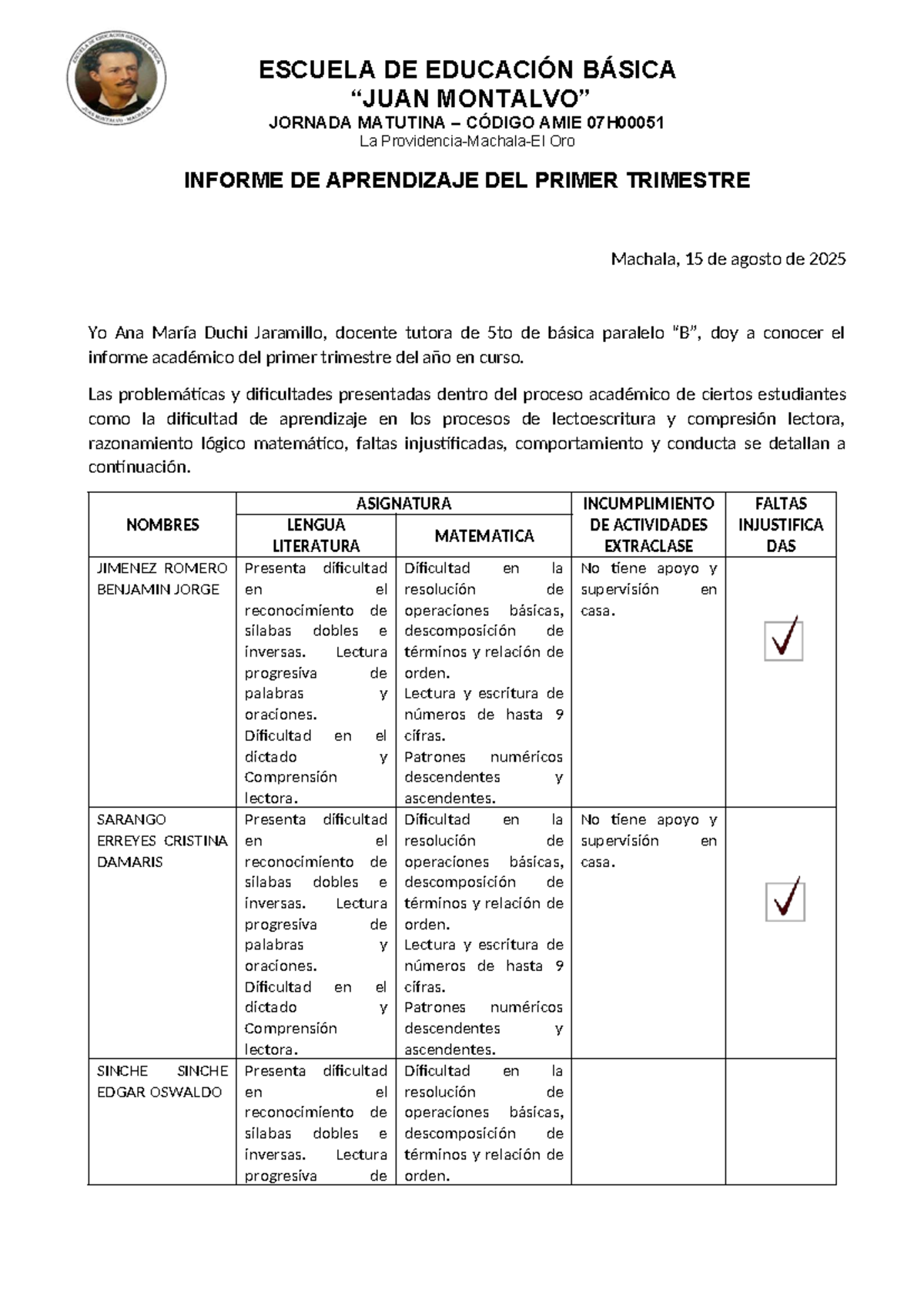 Informe de Aprendizaje 1er Trimestre 2025 - 5to Básico AMIE La Oro ...