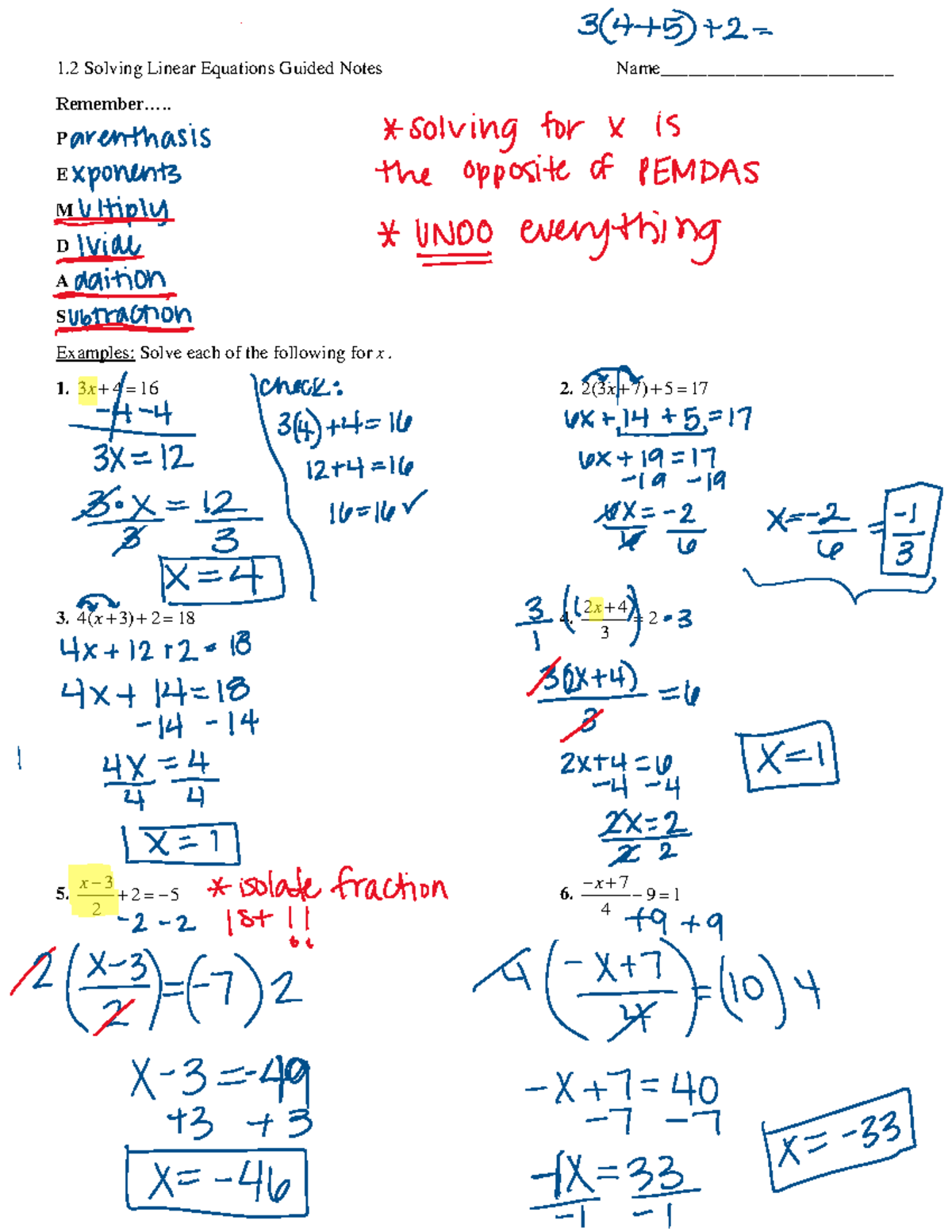 1.2 Guided Notes on Solving Linear Equations KEY - Studocu