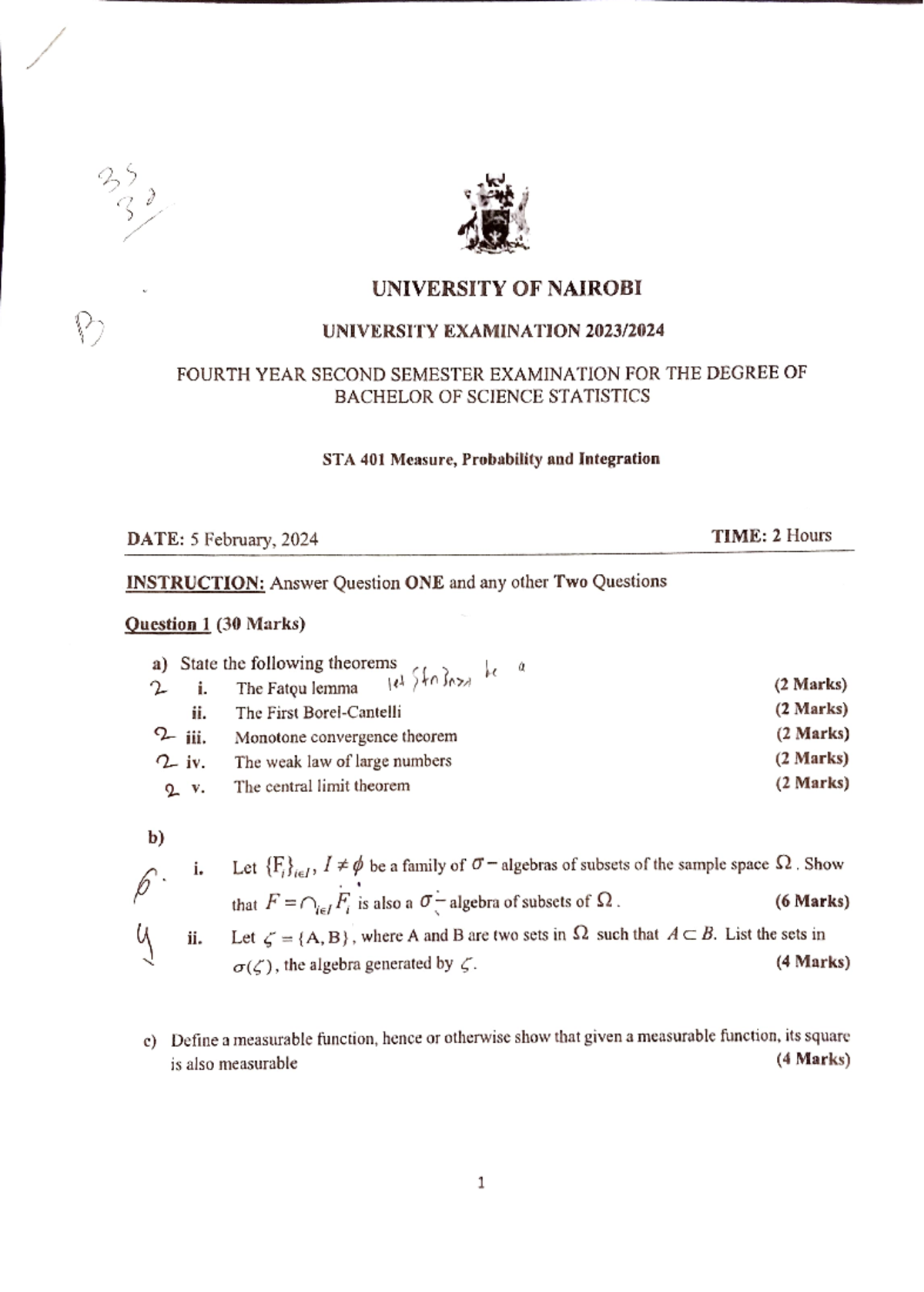 STA 401 Final Exam Notes: Measure, Probability, and Integration 2024 ...