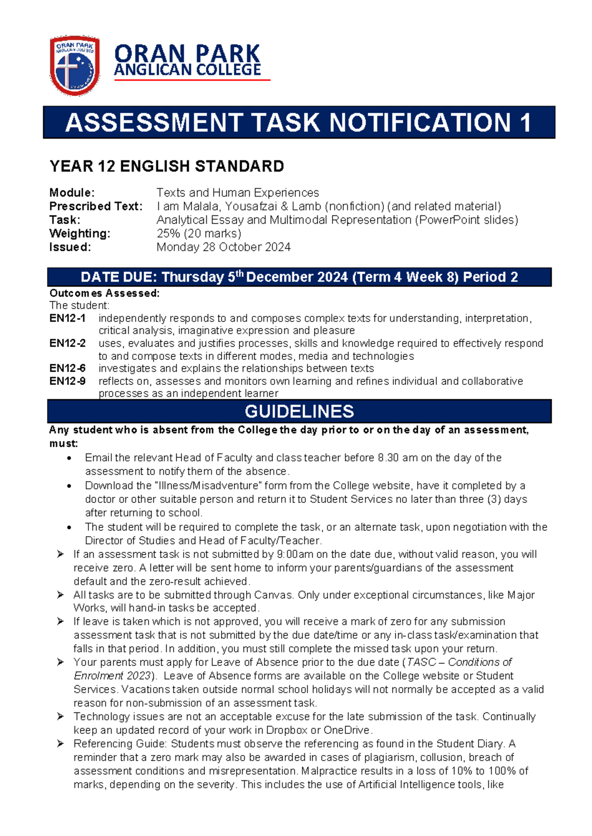 12EN Assessment Notification 1 2024 Texts Human Experiences ...