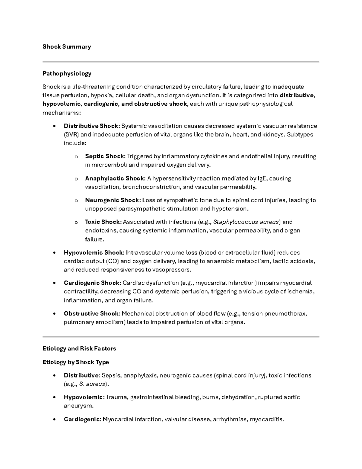 Week 1 Shock - nursing - Shock Summary Pathophysiology Shock is a life ...