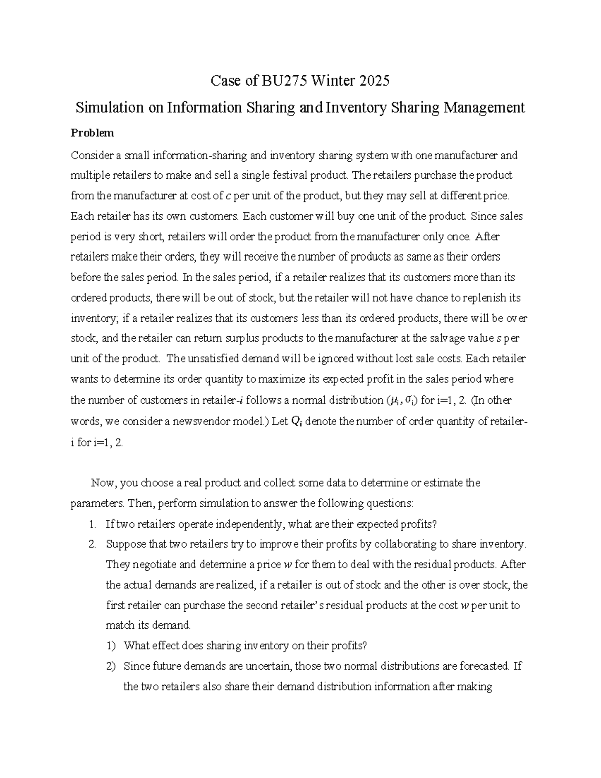 Case Study of BU275 Winter 2025: Inventory & Info Sharing Simulation ...