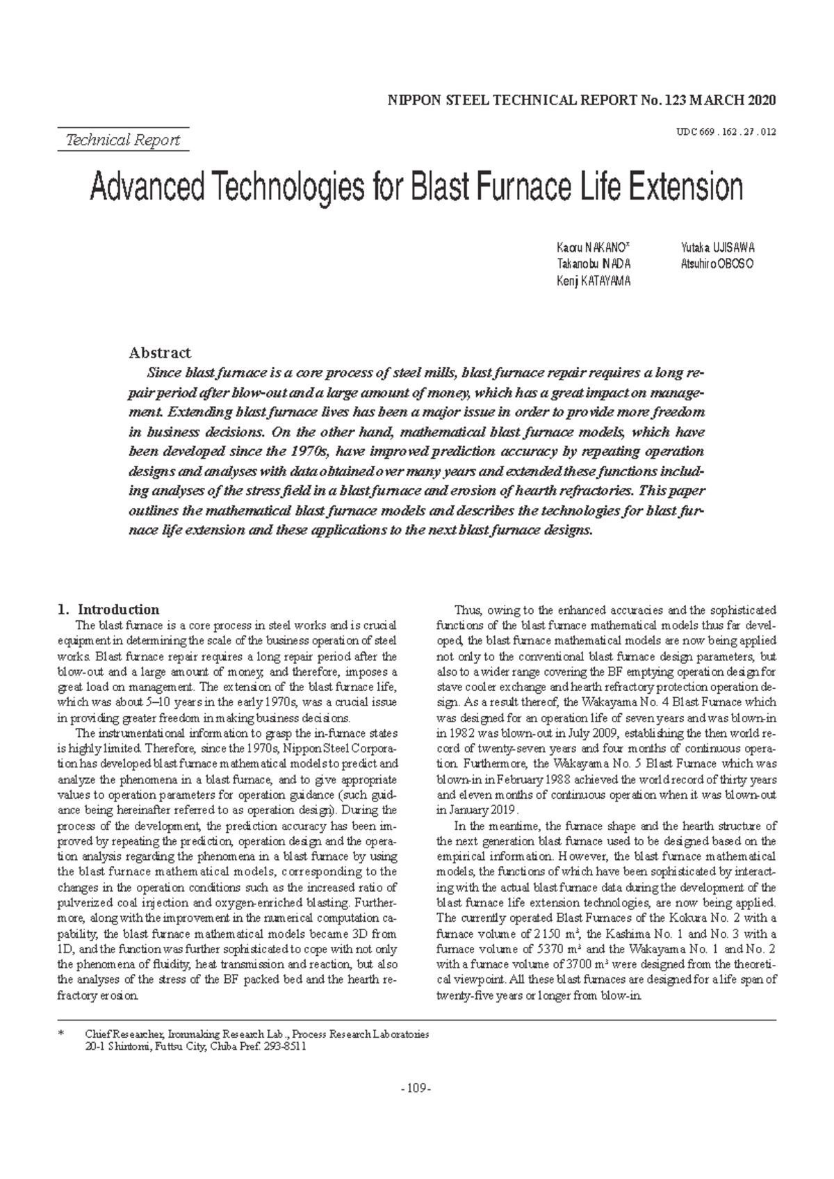 Advanced Technologies for Blast Furnace Life Extension (NIPPON STEEL ...