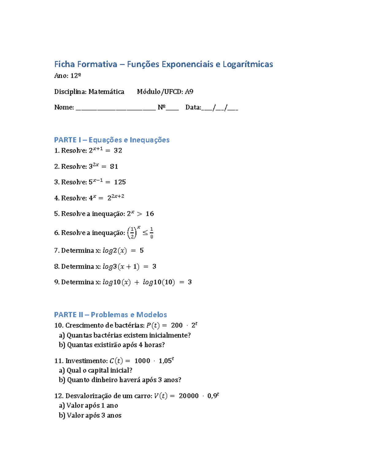 Ficha Formativa: Funções Exponenciais e Logarítmicas - Matemática A9 ...