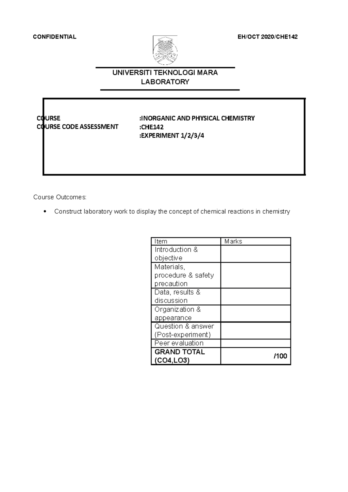 Laboratory Experiment Report: CHE 142 Electrolysis of H2SO4 - Studocu