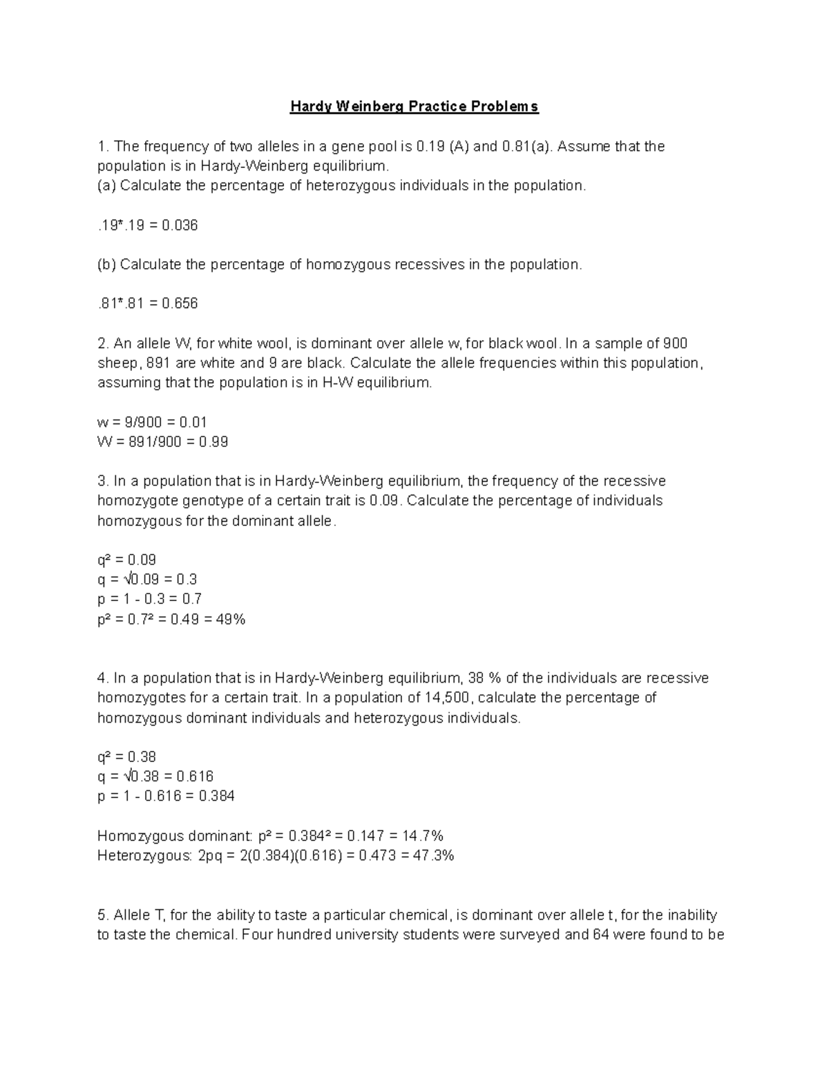 Hardy-Weinberg Equilibrium Practice Problems (BIO 101) - Studocu