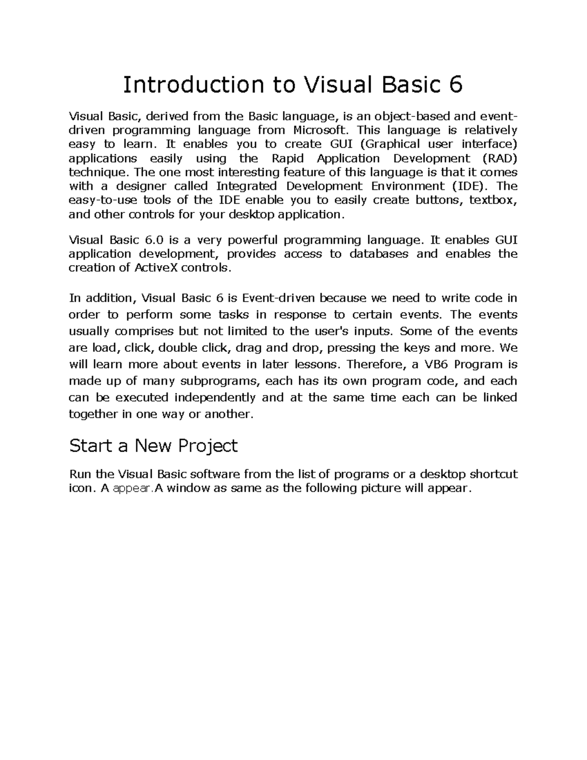 Visual Basic 6.0 lecture notes: Introduction to programming concepts ...