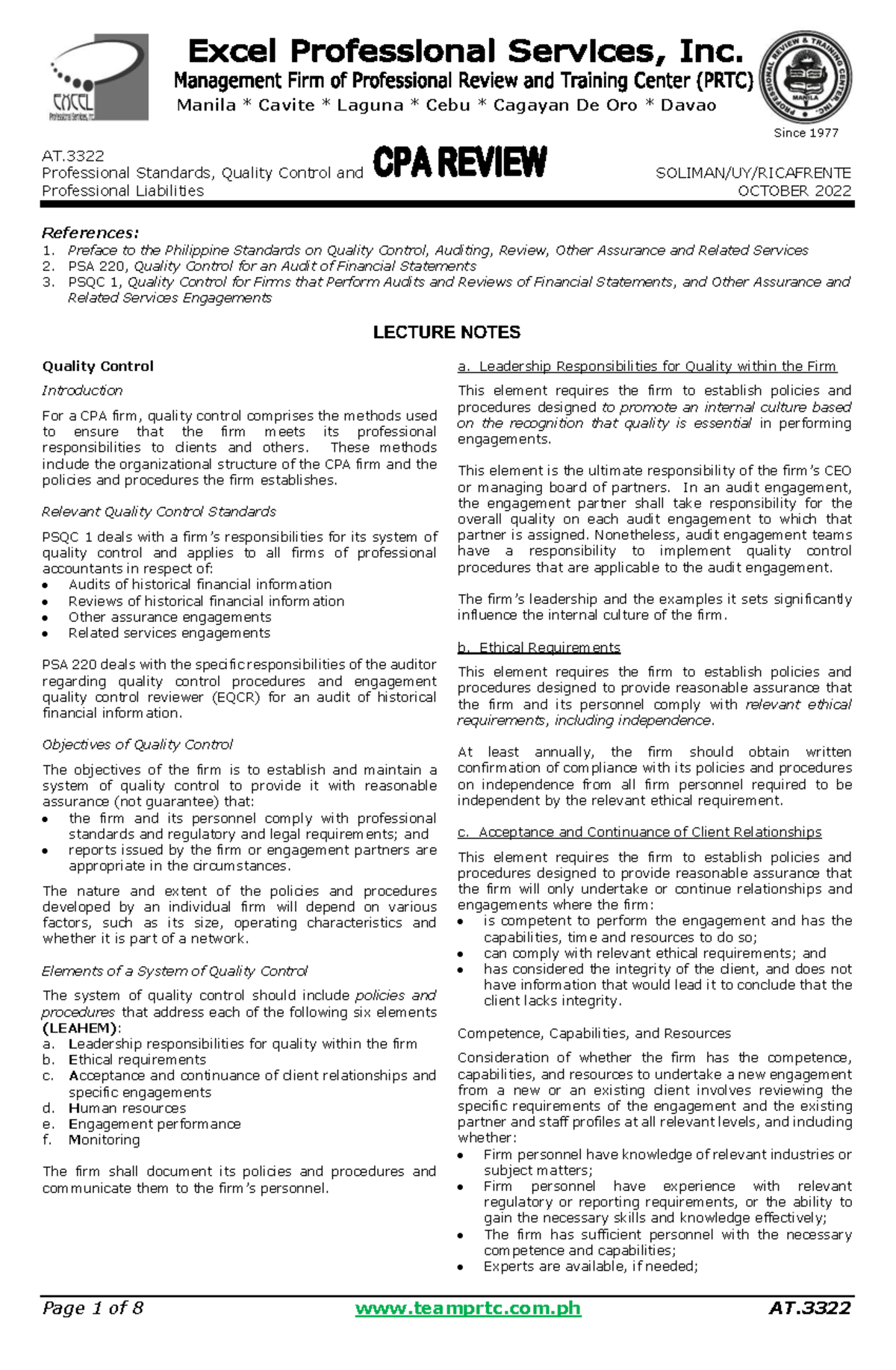 AT.3322 Lecture Notes on Quality Control Standards - Studocu