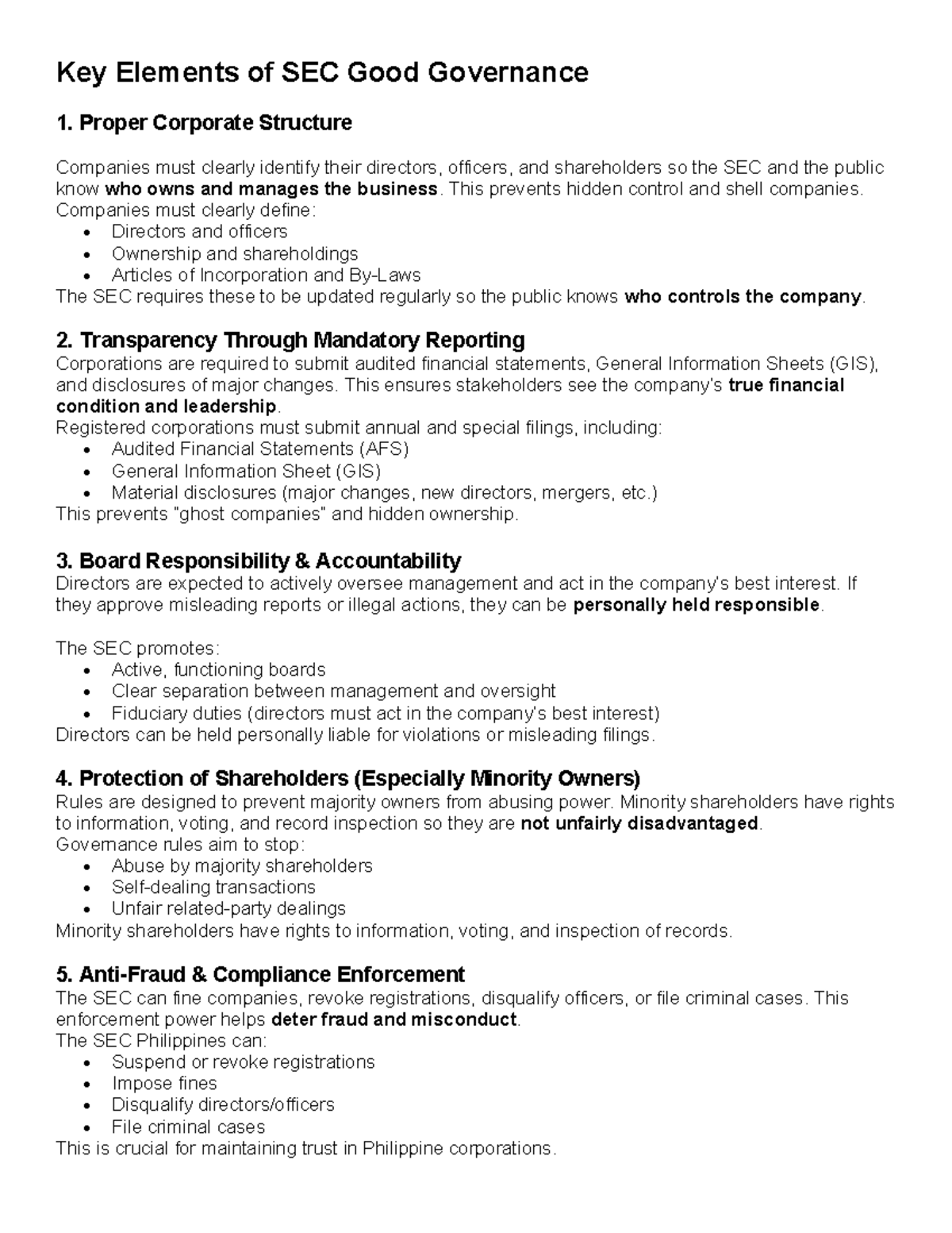 Key Elements of SEC Good Governance: Corporate Structure & Compliance ...