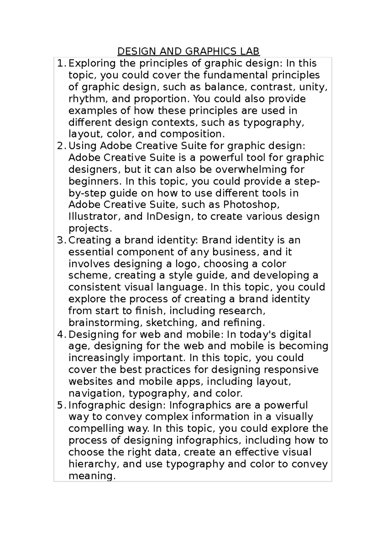 Design AND Graphics LAB - DESIGN AND GRAPHICS LAB Exploring the ...