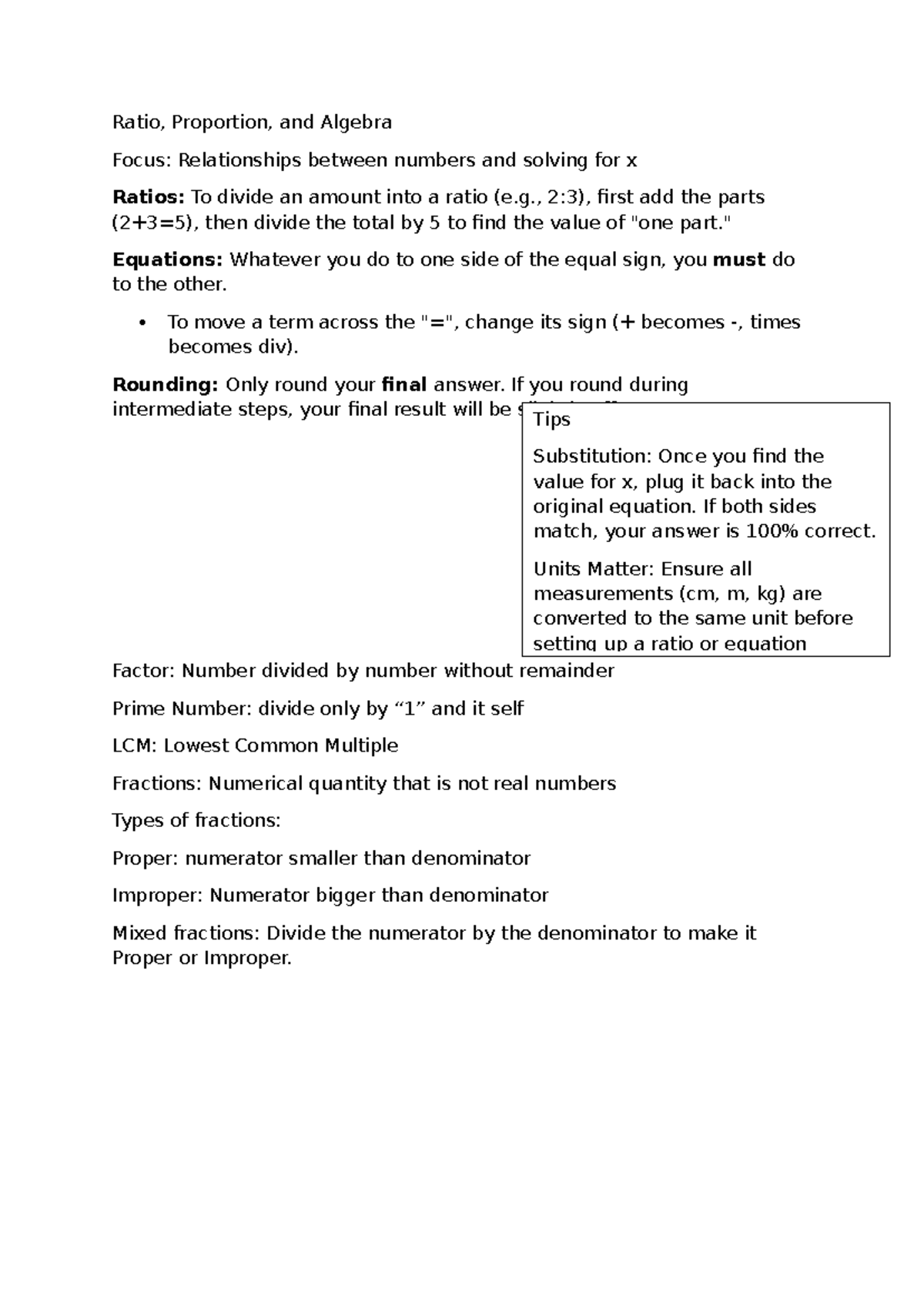 Ratio, Proportion, and Algebra Notes for Exam Preparation - Studocu