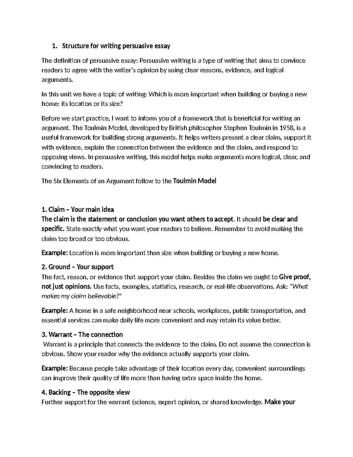 ENG101: Structure for Writing a Persuasive Essay Using the Toulmin ...