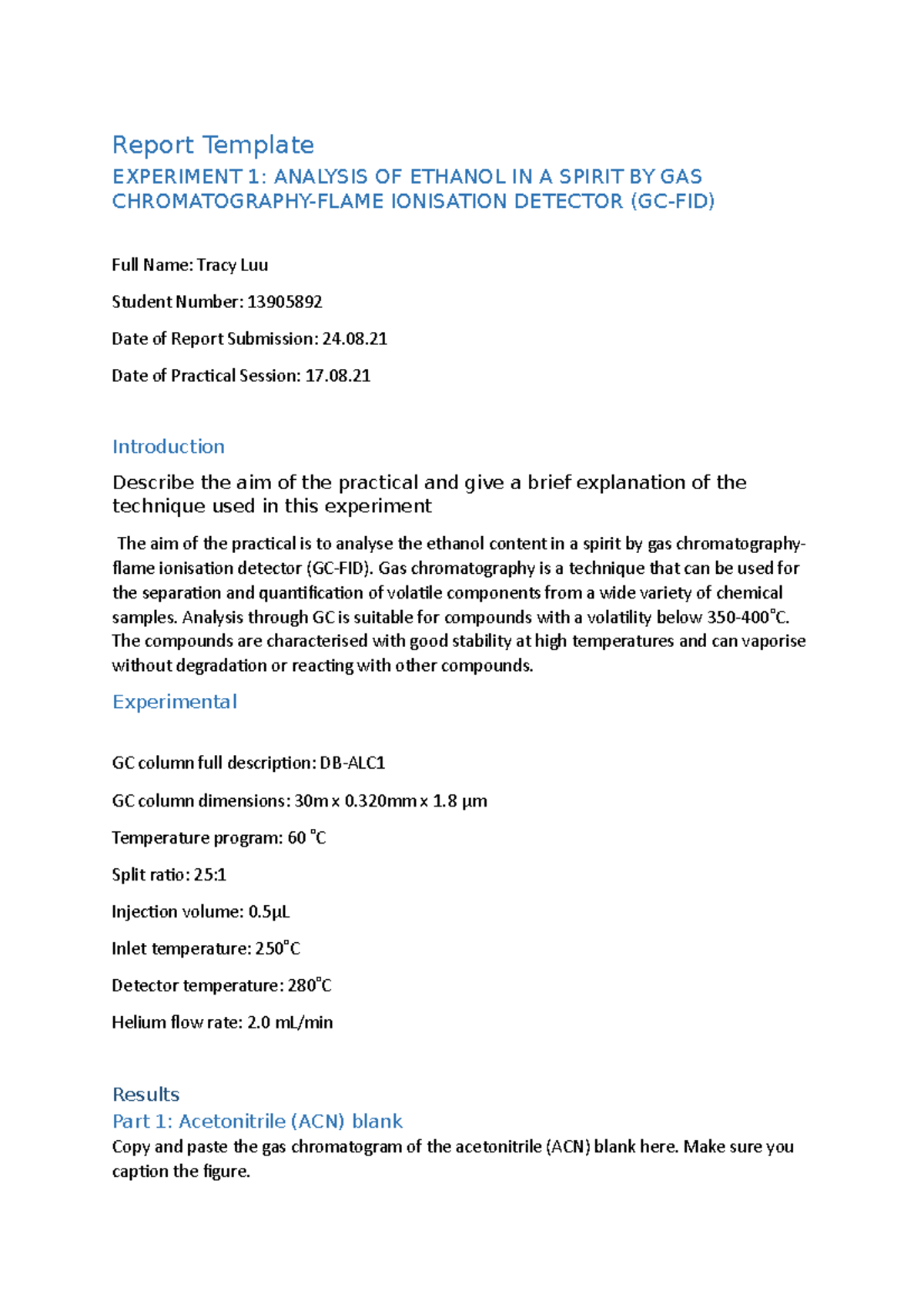 Experiment 1 - GC-FID Analysis of Ethanol in Spirits Report - Studocu