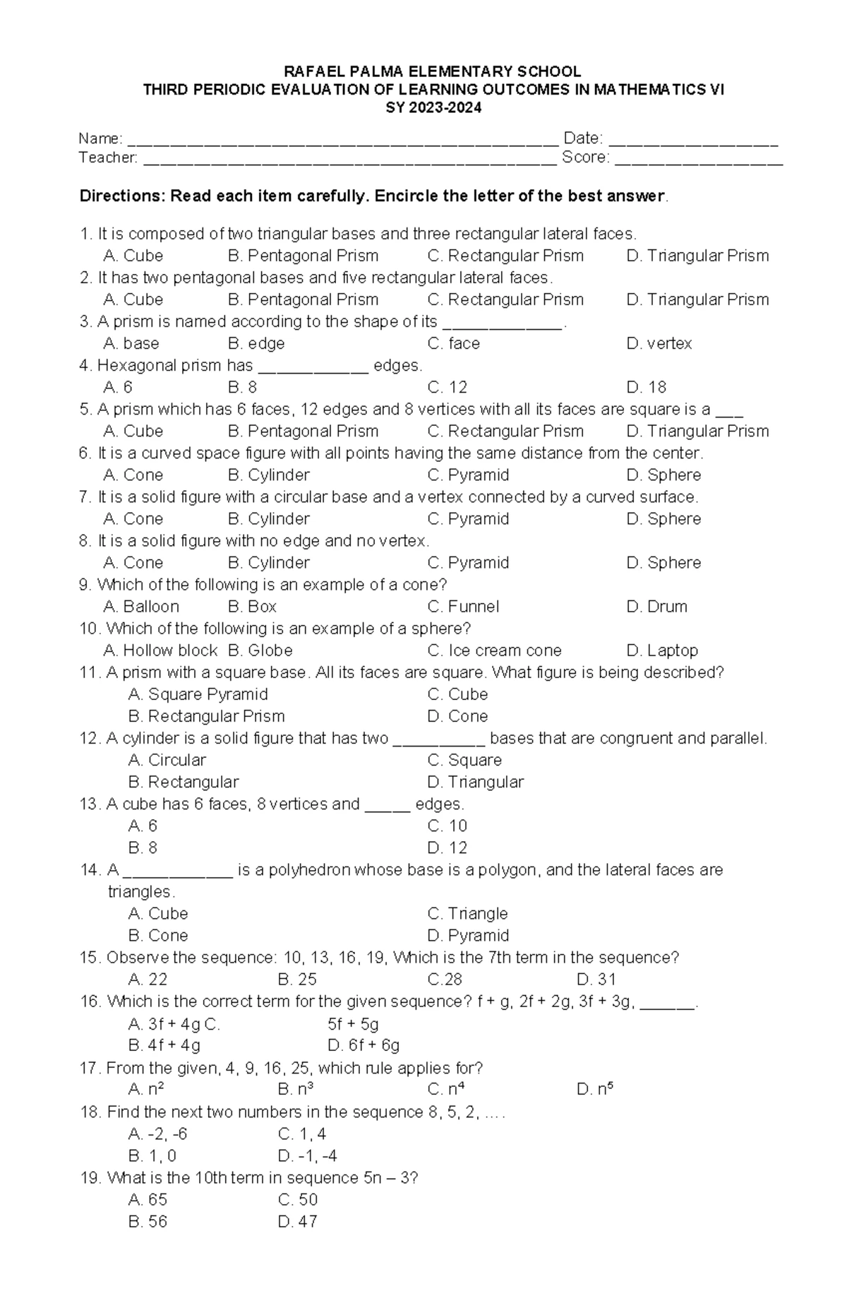 LONG QUIZ Grade 1 - quiz - LONG QUIZ – MATHEMATICS - Directions: Choose ...