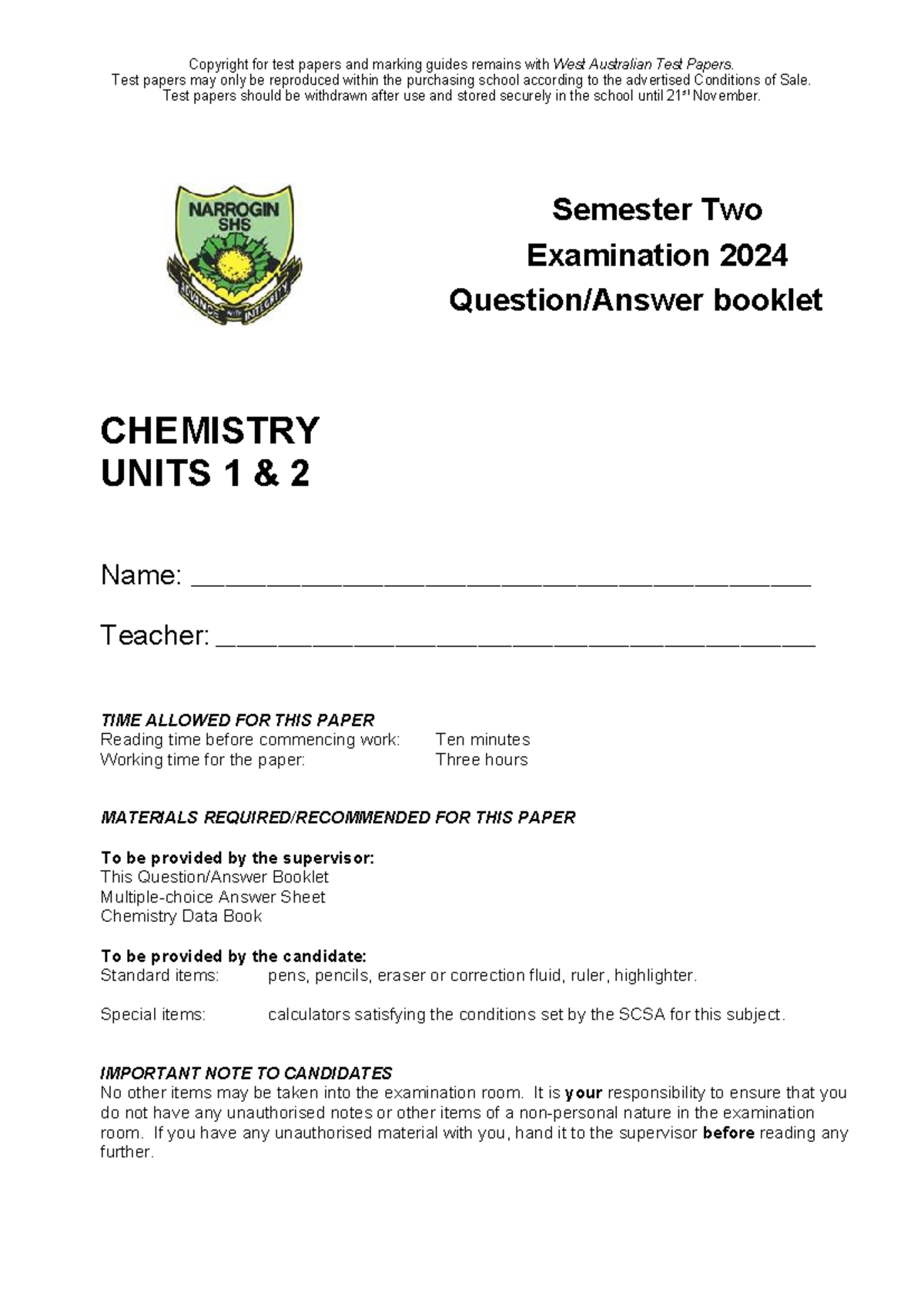 2024 CHEMISTRY UNITS 1 2 Semester Two Exam Guide - Studocu