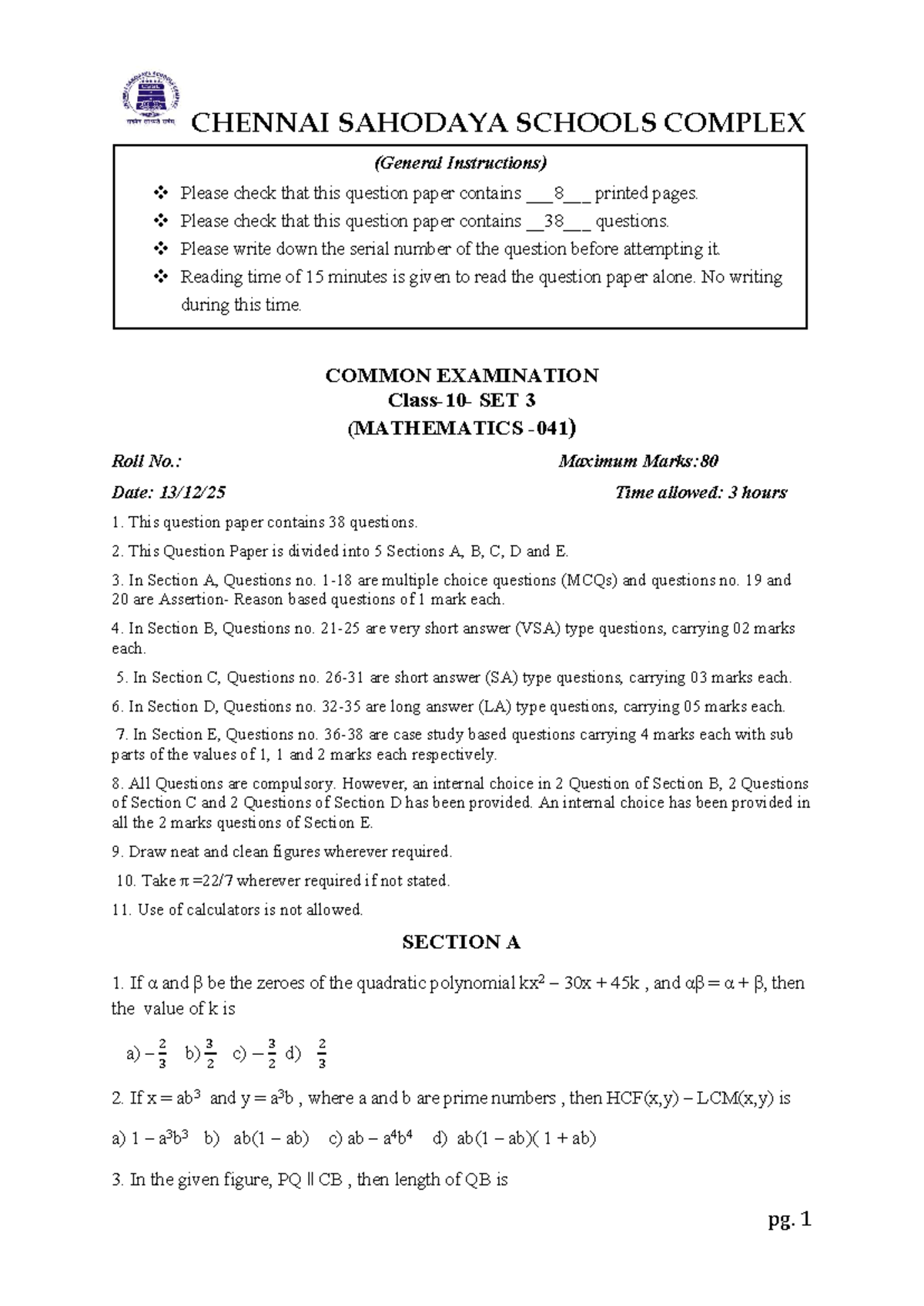 CSSC SET 3 - Mathematics Standard - Question Paper - Studocu