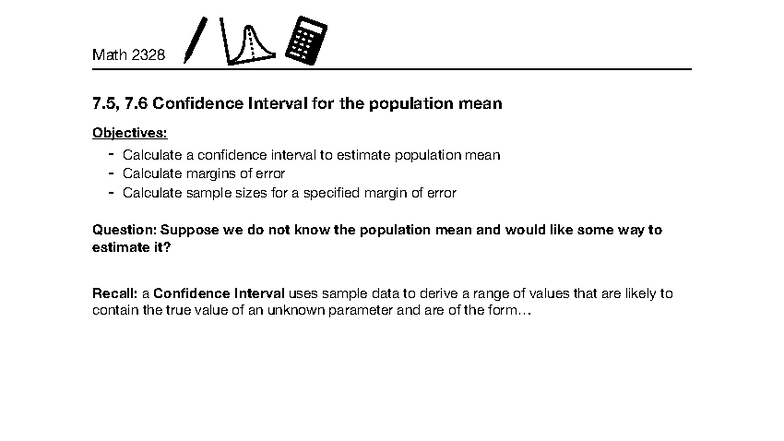 Math 2328 Final Exam Notes: Confidence Intervals for Population Mean ...
