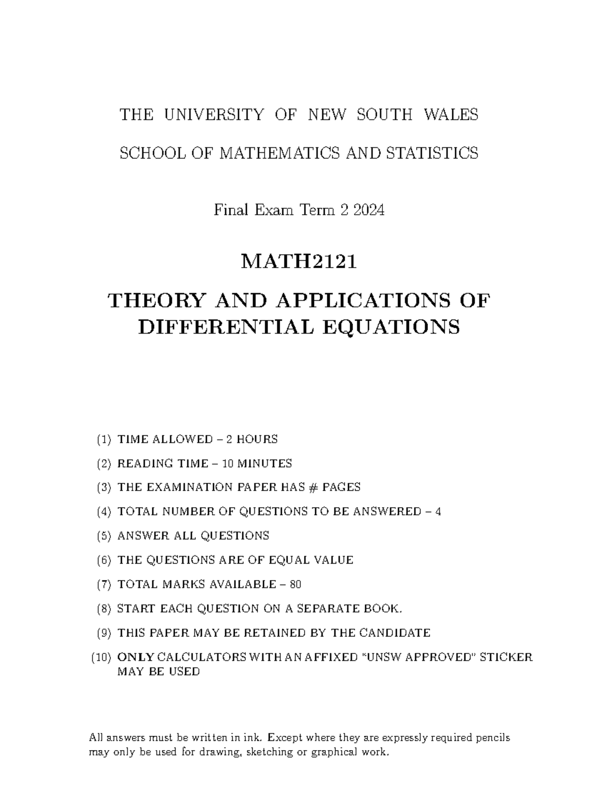MATH2121 Final Exam Term 2 2024 Solutions and Marking Scheme - Studocu