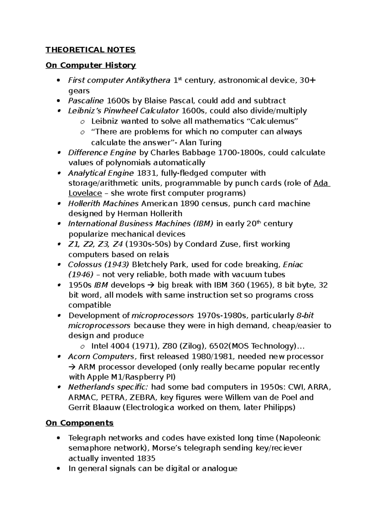 Revision Notes - Summary on Computer History and Components - Studeersnel