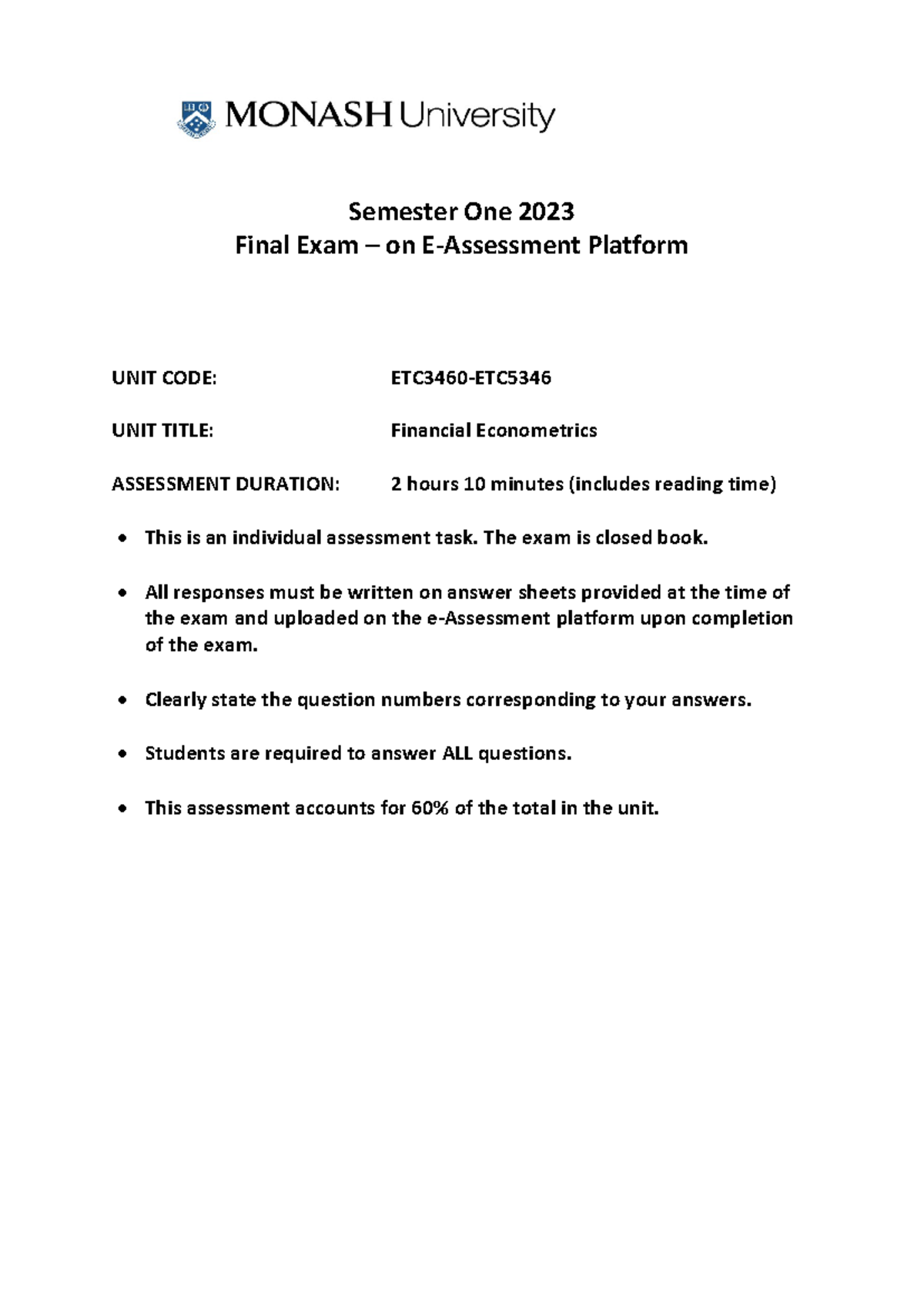 ETC3460 ETC5346 Financial Econometrics Final Exam S1 2023 Guide - Studocu