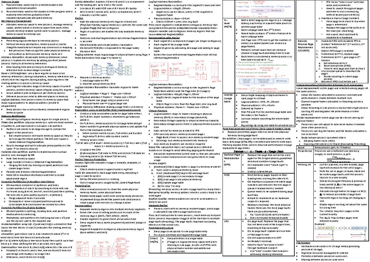 2106 Final Exam Cheatsheet: Memory Management Concepts - Studocu