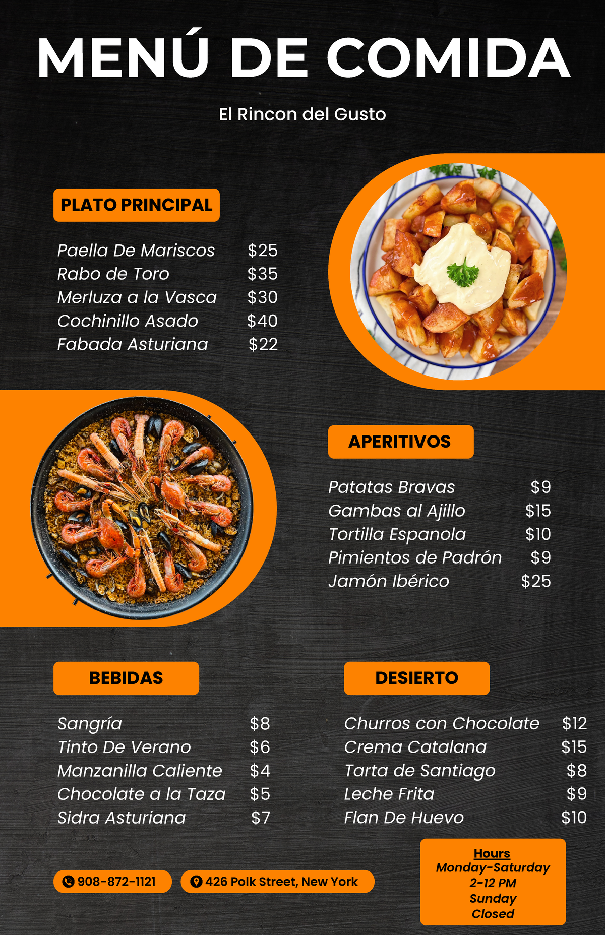 Spanish Menu Project - worksheet - Paella De Mariscos Rabo de Toro ...