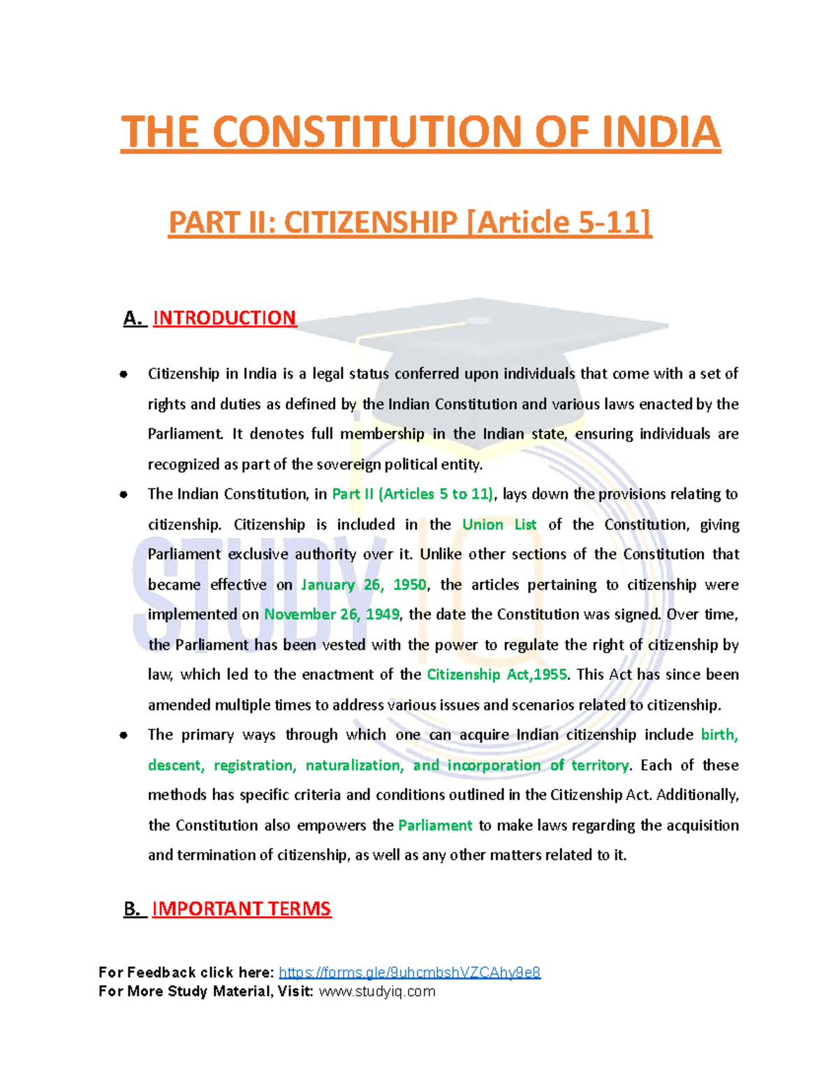 Constitution of India: Part II - Citizenship Overview and Provisions ...