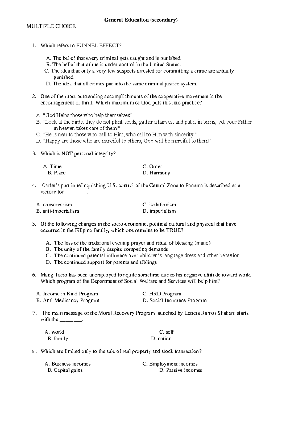 Preboard General Education Multiple Choice Questions - Studocu