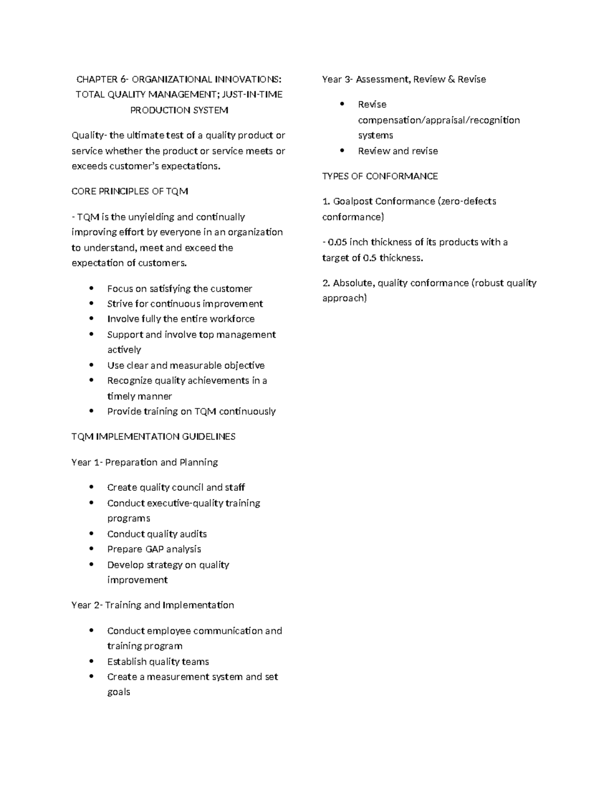 Chapter 6 - TQM and Just-in-Time Production System Notes - Studocu