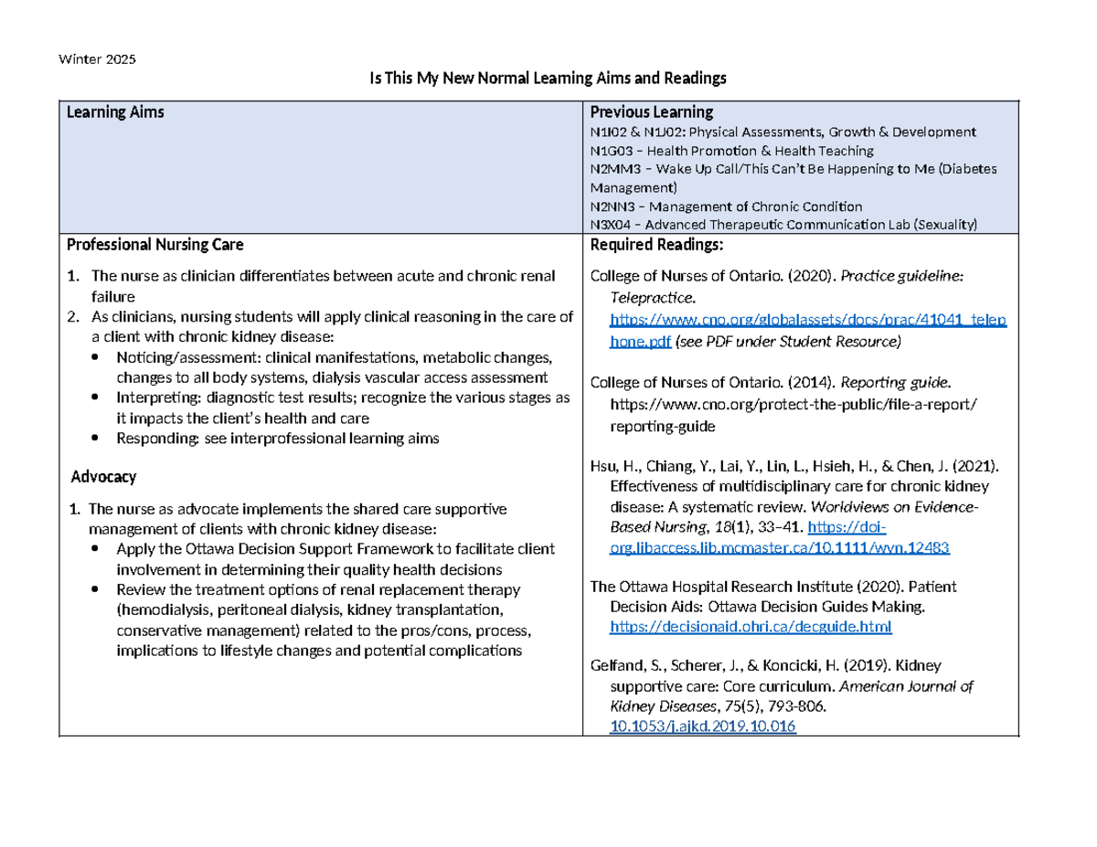 Is This My New Normal - Learning Aims and Required Readings - Winter ...
