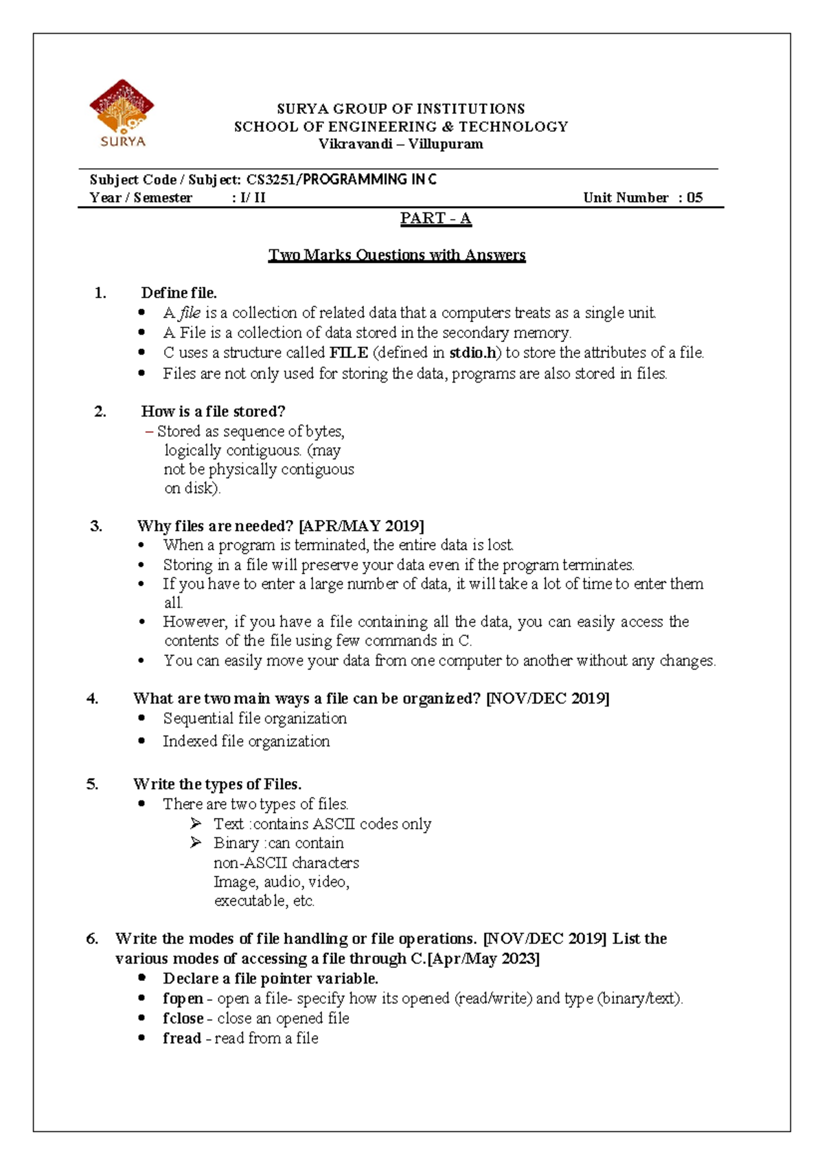 UNIT 5: Two Marks Questions & Answers - C File Handling (CP) - Studocu