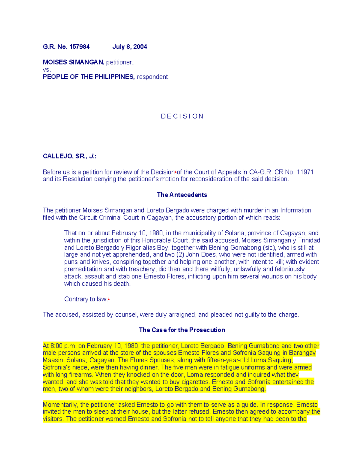 G.R. No. 157984: Decision on Homicide Case of Simangan vs. People - Studocu