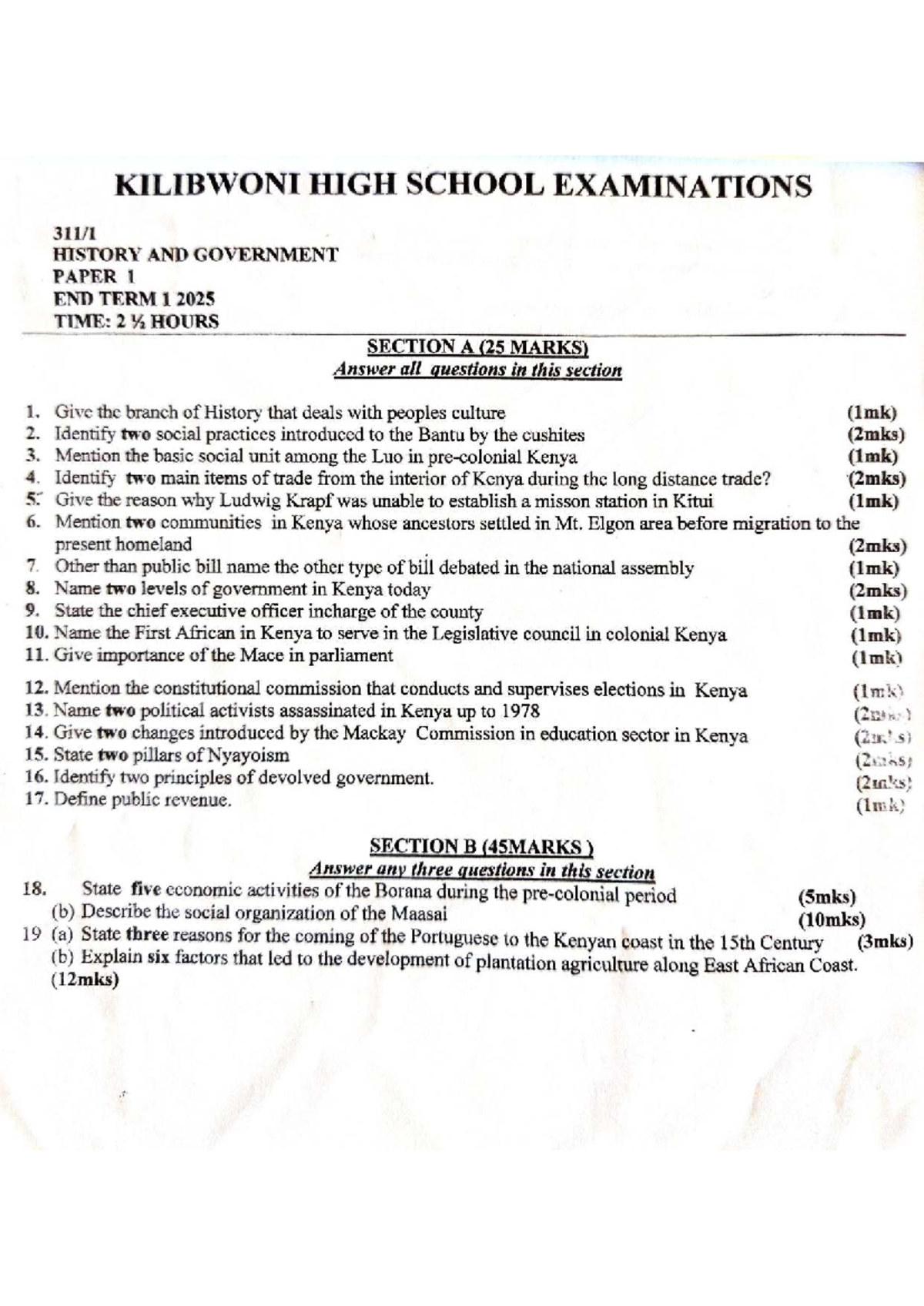 KILIBWONI HIGH SCHOOL HISTORY & GOVT EXAM PAPER 1 TERM 1 2025 - Studocu