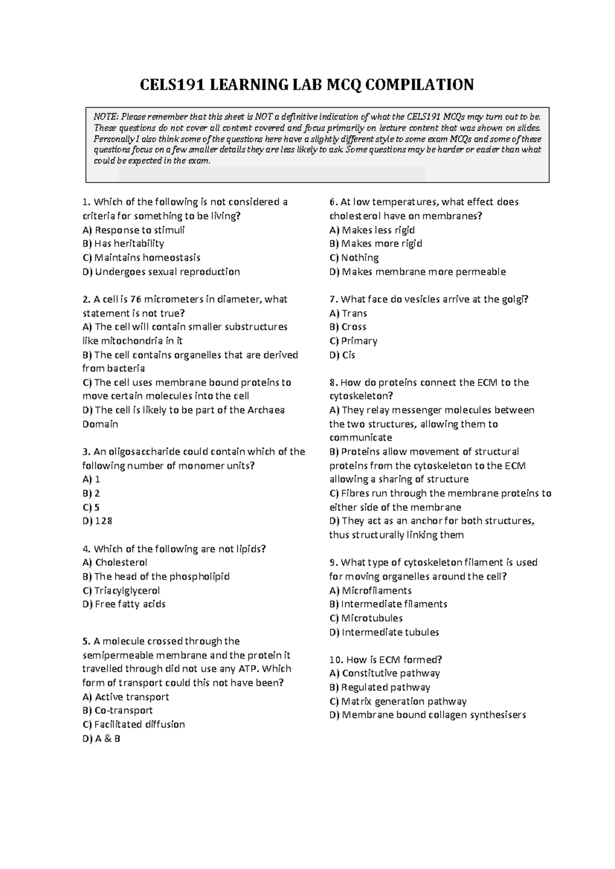 CELS191 PASS Practice MCQs - CELS191 LEARNING LAB MCQ COMPILATION NOTE ...